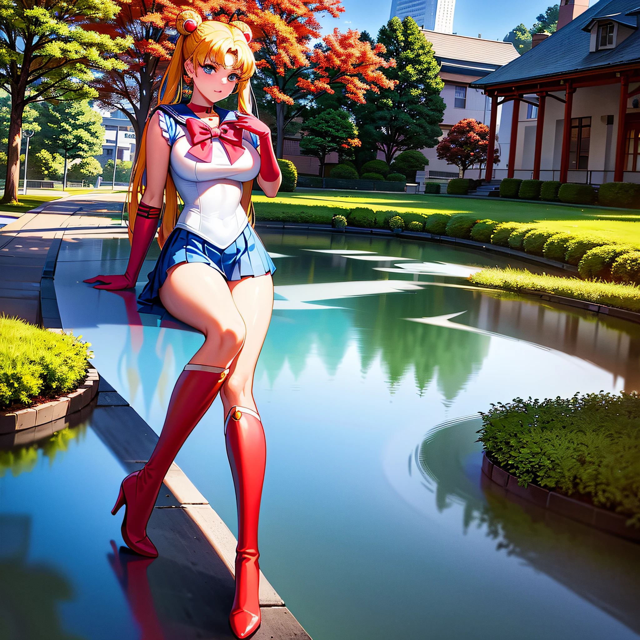 (8k, RAW photo, best quality, masterpiece:1.2), (ultra highres:1.0), detailed illustration, detailed, (realistic, photo-realistic:1.37), detailed beautiful skin, sailor moon, (1 girl: 1.2),(full body:1.2),(hand of Guido Daniele:1.2), slim body, cute, happy, long hair, long leg, cleavage,blue skirt,red bow,blue eyes,blond hair,twin tails,hair bun,hair ornament,blue sailor collar, red choker, red boots, high heels, sailor senshi uniform, white gloves
sitting in the park, tokyo street, japan buildings,