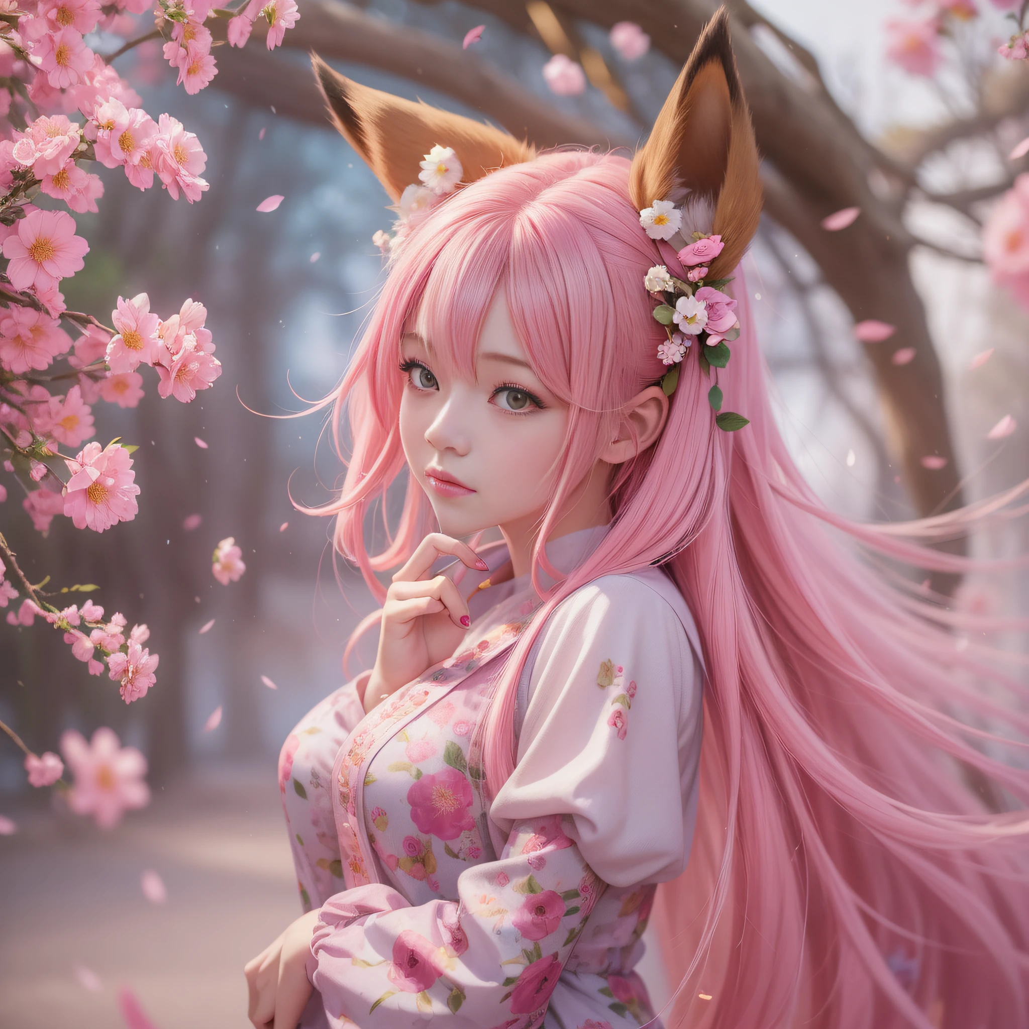 Anime girl with pink hair and pink dress with flowers on her hair, very beautiful anime fox girl, beautiful anime fox girl, beautiful fantasy anime, guweiz, anime girl with fox ears, beautiful anime girl, very pretty cute fox girl, peach blossom rain, depth of field, anime style 4 K, anime fantasy artwork, 4k anime wallpaper, guvez style artwork