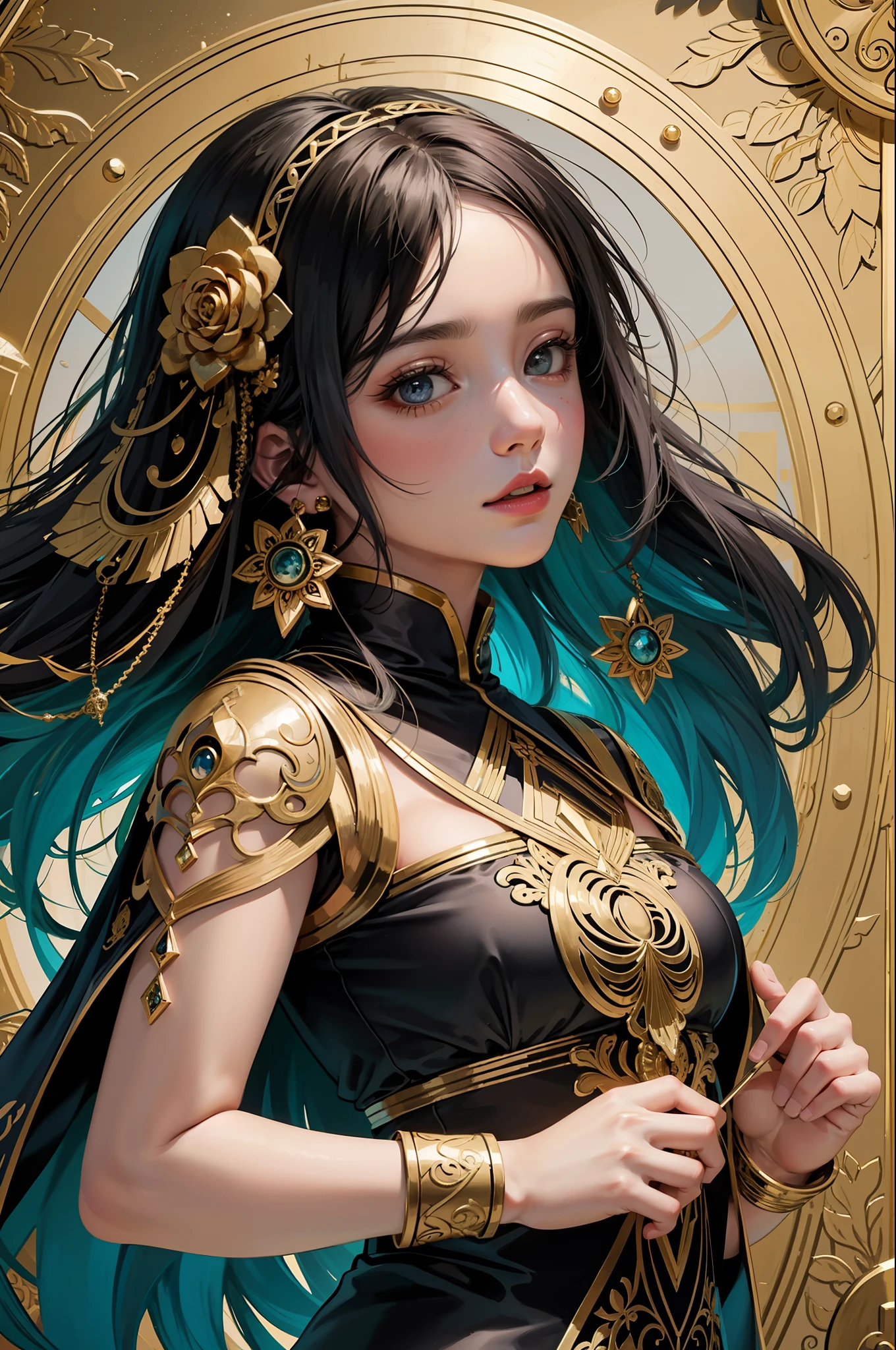 (masterpiece, top quality, best quality, official art, beautiful and aesthetic:1.2), (1girl), extreme detailed,colorful,highest detailed, official art, unity 8k wallpaper, ultra detailed, beautiful and aesthetic, beautiful, masterpiece, best quality, (zentangle, mandala, tangle, entangle) ,holy light,gold foil,gold leaf art,glitter drawing, PerfectNwsjMajic