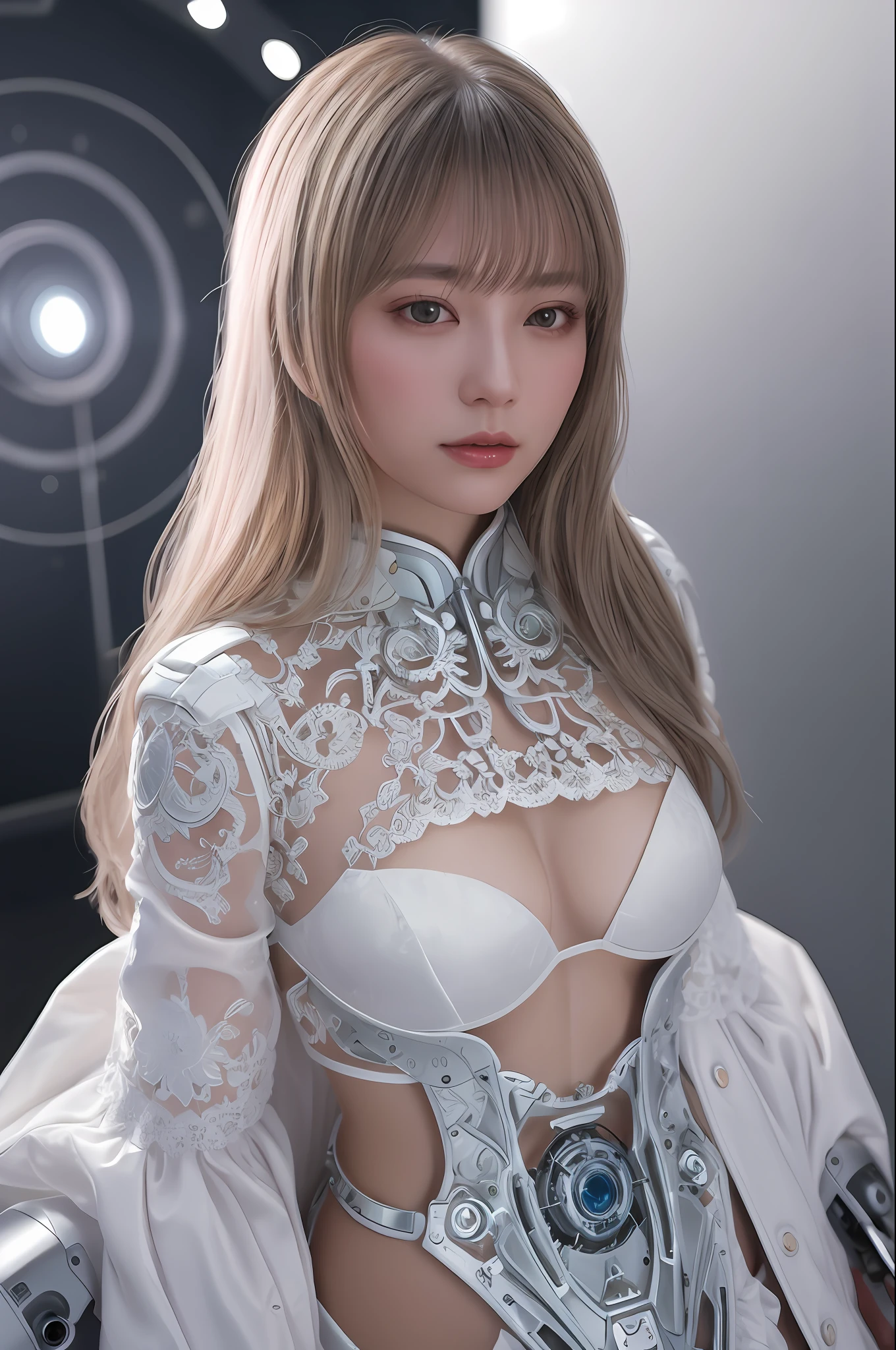 Complex 3d rendering ultra detailed beautiful porcelain profile female android face, cyborg, robot parts, 150mm, beautiful studio soft light, rim light, vivid details, gorgeous cyberpunk, lace, surreal, anatomical, facial muscles, cable wire, microchip, elegant, beautiful background, octane rendering, HR Giger style, 8k, best quality, masterpiece, illustration, very delicate and beautiful, highly detailed, cg, uniform, wallpaper, ( realistic, photorealistic: 1.37), fantastic, elaborate, masterpiece, best quality, official art, highly detailed cg unity 8k wallpaper, absurd, incredibly absurd, robot, silver halmet, bikini, full body