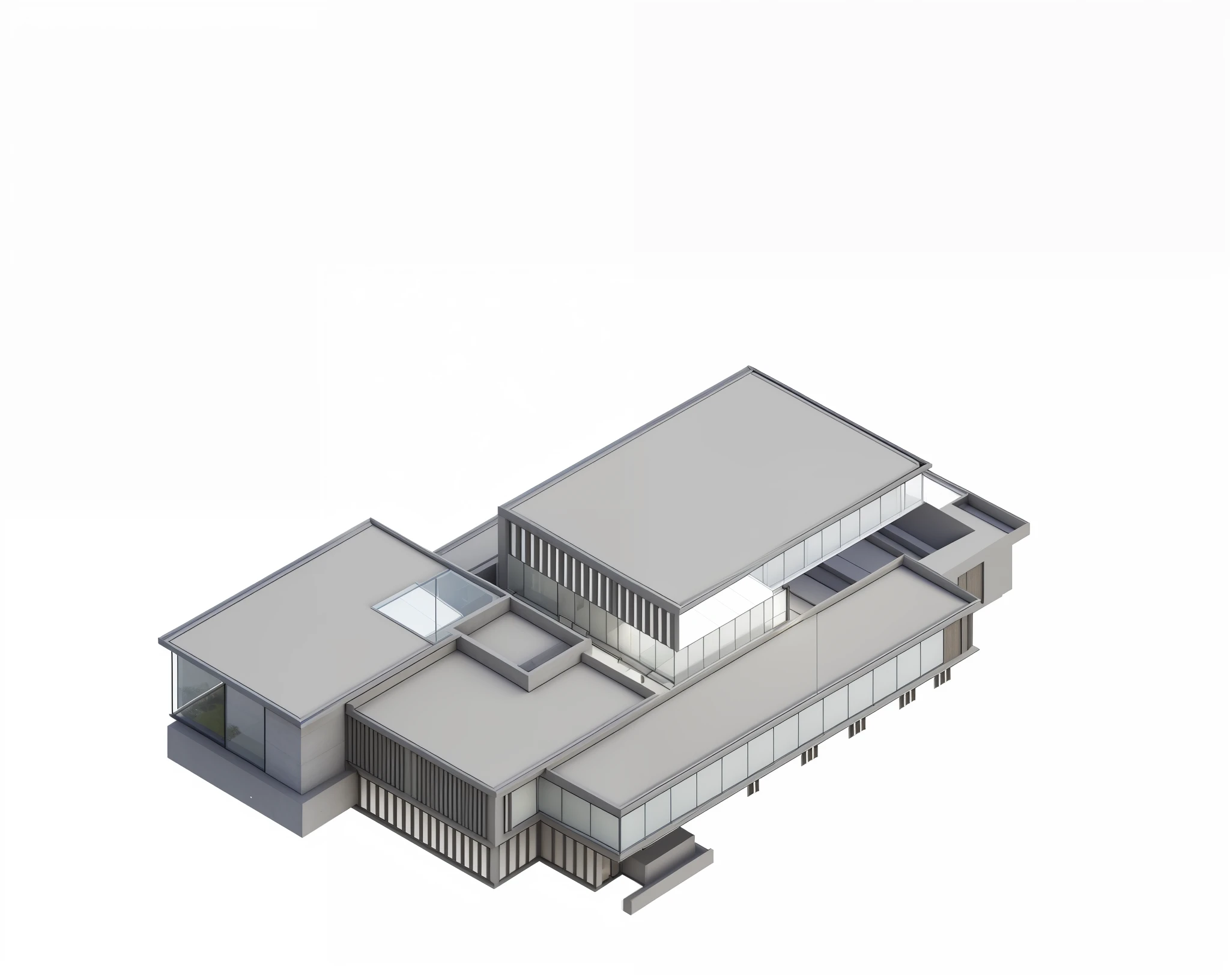 (Masterpiece), (High Quality), Best Quality, Real, (Realistic), Super Detailed, (Full Detail), (4K), Outdoor, Master Architecture, One-third of the roof part is windowed, Daytime, Combination of roof virtual and real, 3d rendering, Modern, Tadao Ando style, façade with fair-faced concrete material and glass material