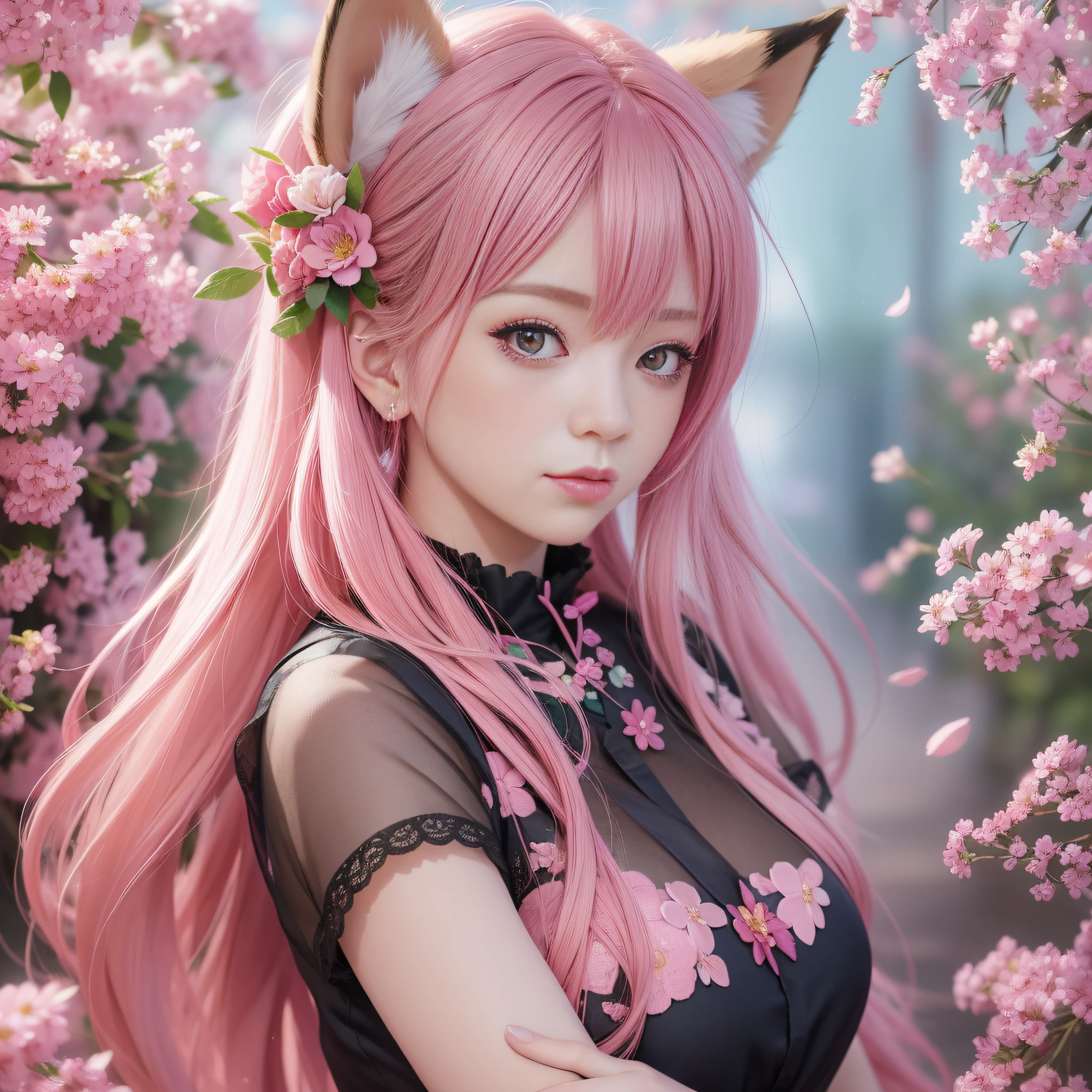 Anime girl with pink hair and pink dress with flowers on her hair, very beautiful anime fox girl, beautiful anime fox girl, beautiful fantasy anime, guweiz, anime girl with fox ears, beautiful anime girl, very pretty cute fox girl, peach blossom rain, depth of field, anime style 4 K, anime fantasy artwork, 4k anime wallpaper, guvez style artwork