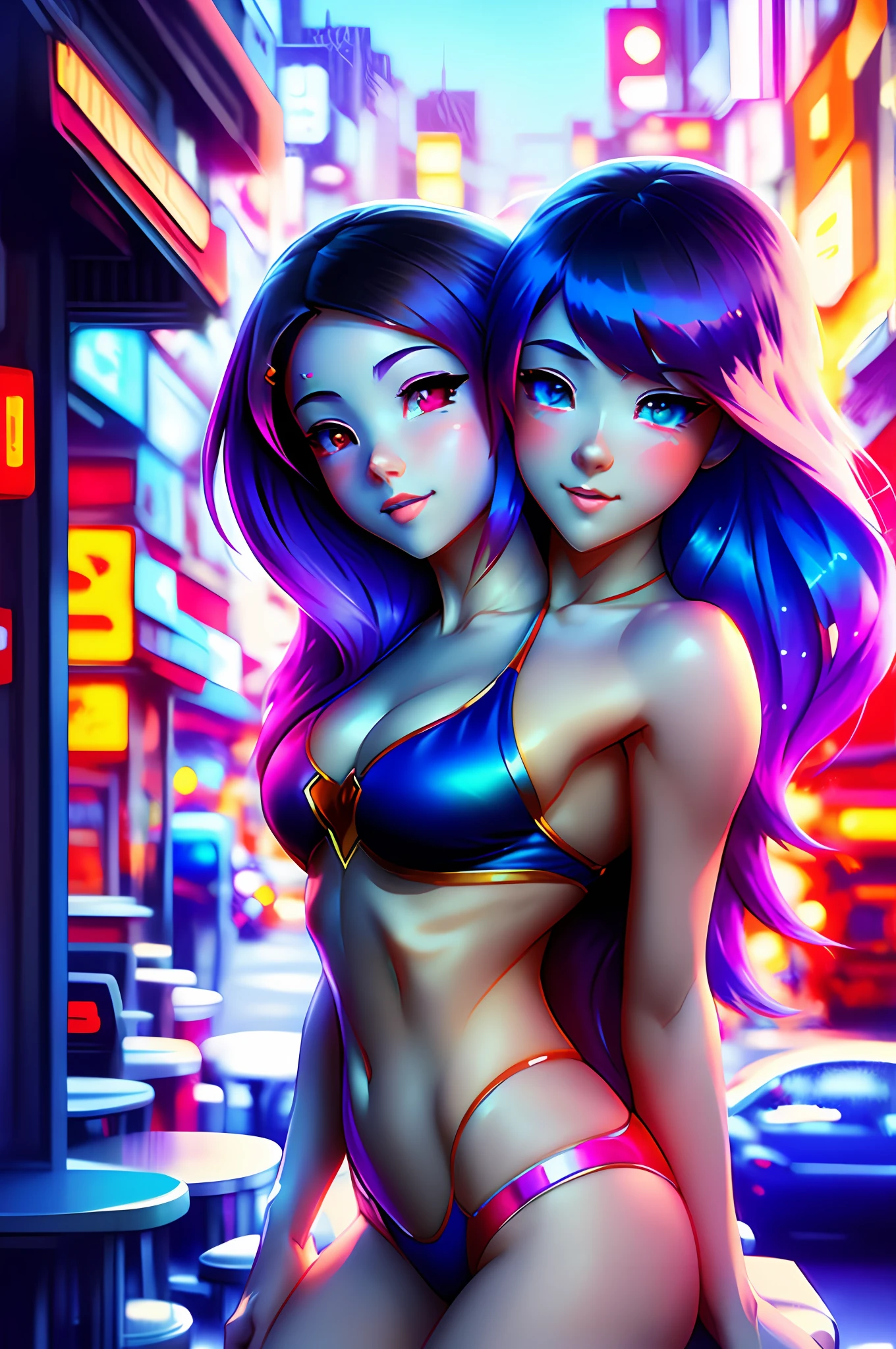 2heads, conjoined, there are two women in bikinis posing for a picture, in the style of ross tran, artwork in the style of guweiz, two beautiful anime girls, realistic anime 3 d style, alena aenami and lilia alvarado, loish and ross tran, ilya kuvshinov. 4 k, loish and wlop