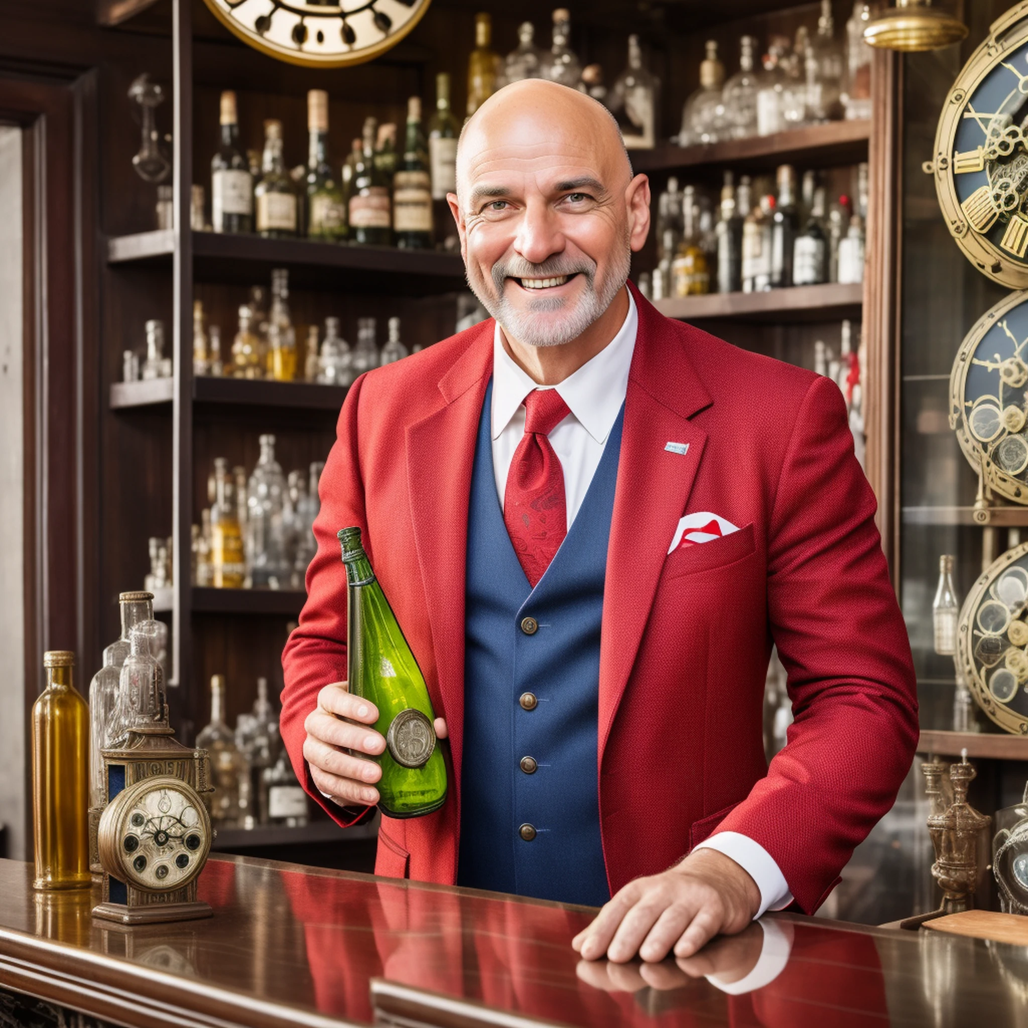 realistic image of a man, bald, very friendly, is smiling, wearing a red blazer, is behind the counter of an old bar, holding a bottle in one hand, a glass on the counter, wooden shelves with bottles in the background, one ( ((antique clock))) on the wall, high definition, realistic, intricate, detailed image, 8k --auto --s2