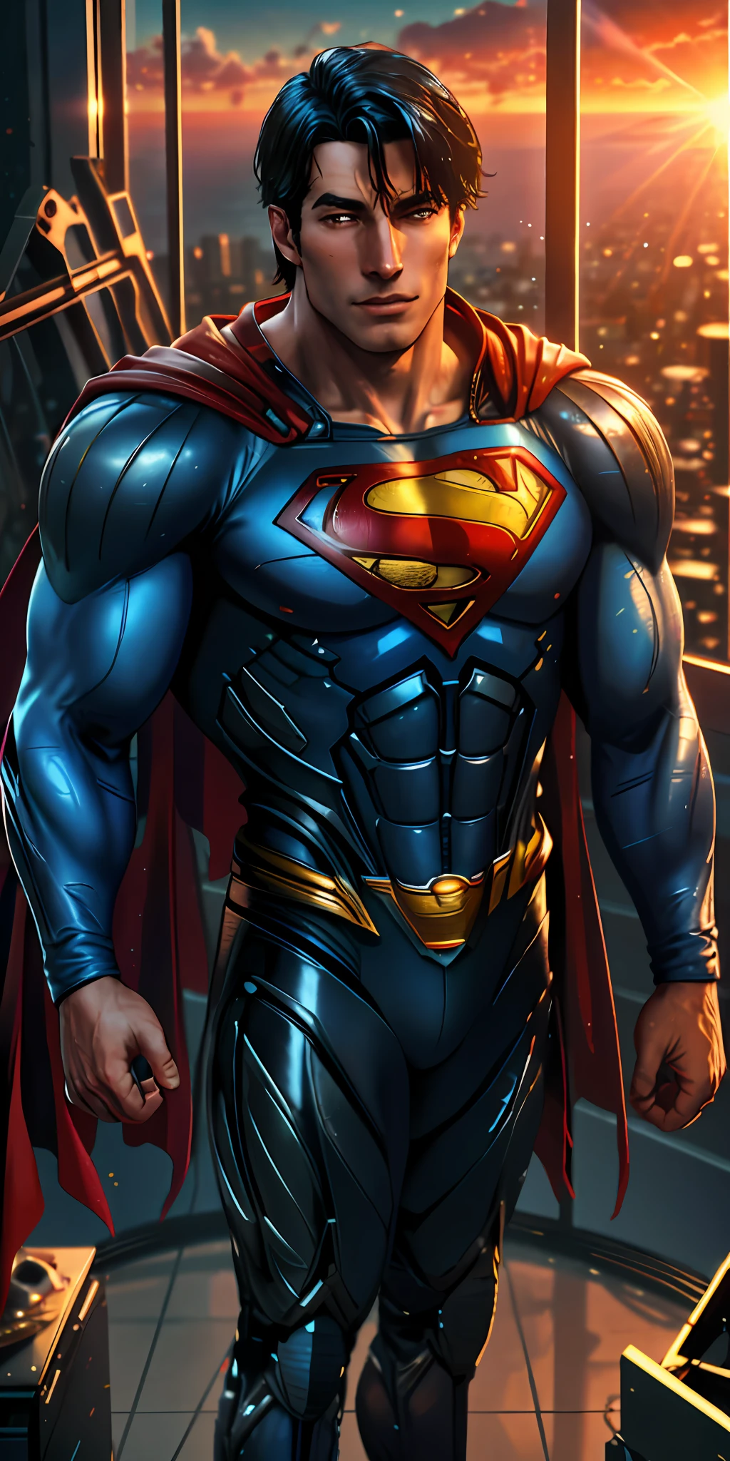 Cinematic image, Superman flying towards the sunset, sky blue suit, lush red cape, spectacular, spectacular, Superman view, 8k.