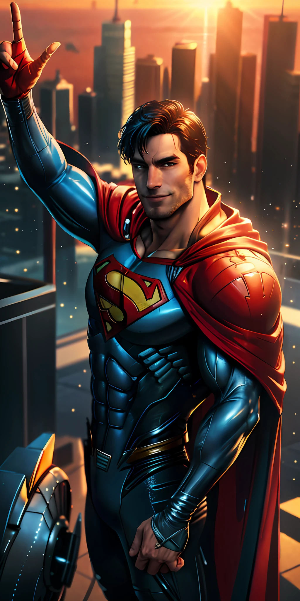 Cinematic image, Superman flying towards the sunset, sky blue suit, lush red cape, four fingers and a thumb, giving a Tchaw with a smile on his face, spectacular, spectacularly view of Superman, 8k.