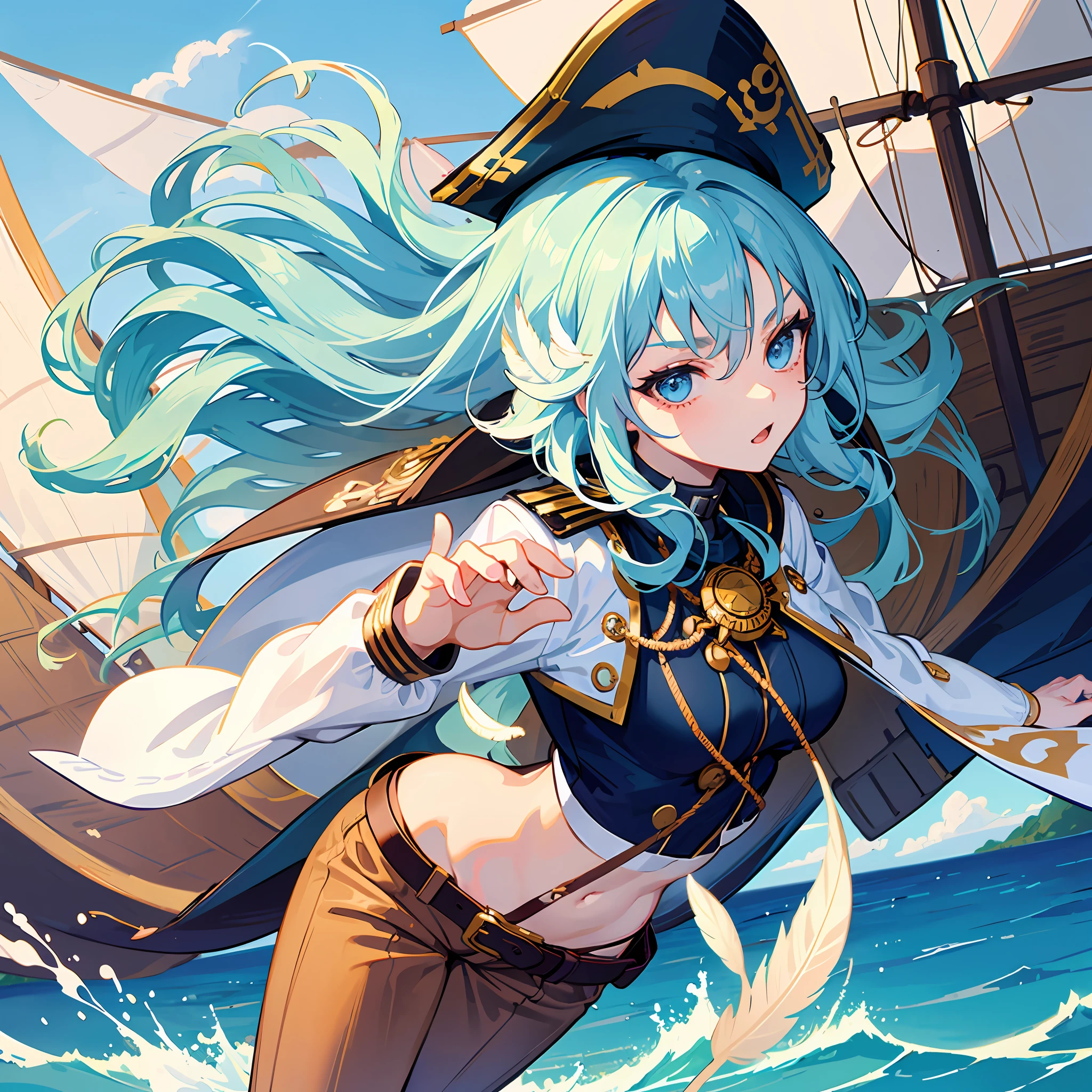 Create a picture of an anime girl with long, wavy light blue hair. She has a tough and adventurous personality, as if she were a ship captain. The clothing she wears depicts the style of a sailing captain or pirate, with distinctive touches and striking details. Perhaps she wears a hat with feathers, a captain's jacket with collar and ropes, and comfortable yet stylish pants. Include accessories such as belt ropes, a necklace, or appropriate jewelry that fits the theme. Her facial expression can reflect bravery and determination. Give her a pose that showcases strength and leadership. Show the spirit of adventure and a free-spirited nature in the picture you create.