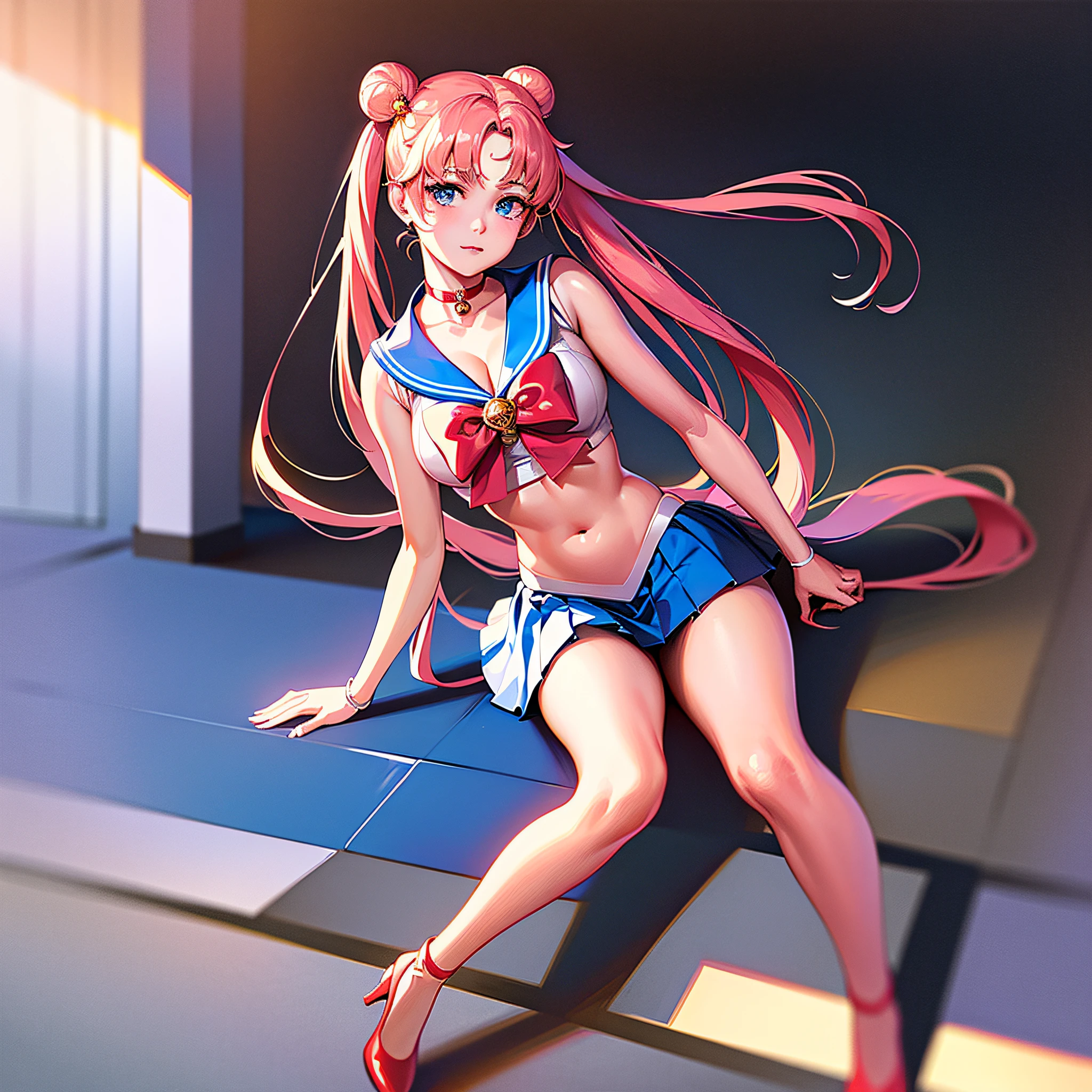 (8k, RAW photo, best quality, masterpiece:1.2), (ultra highres:1.0), detailed illustration, detailed, (realistic, photo-realistic:1.37), detailed beautiful skin, sailor moon, (1 girl: 1.2),(full body:1.2),(hand of Guido Daniele:1.2), slim body, cute, happy, long hair, long leg, cleavage,blue skirt,red bow,blue eyes,blond hair,twin tails,hair bun,hair ornament,blue sailor collar, red choker, red boots, high heels, sailor senshi uniform, white gloves
sitting in the park, tokyo street, japan buildings,