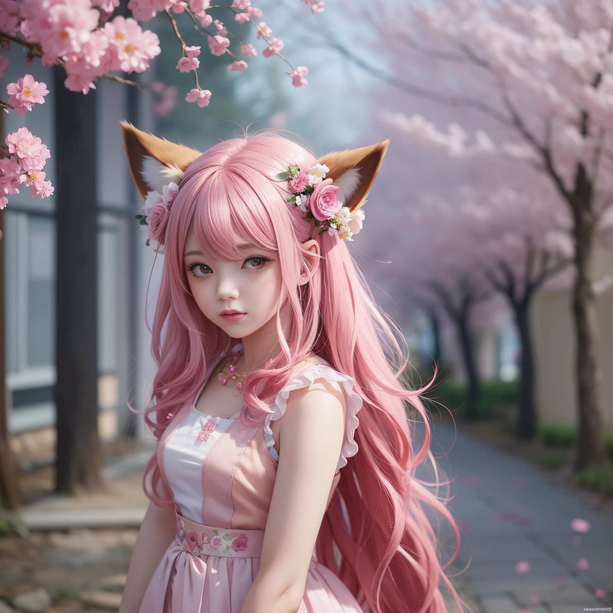 Anime girl with pink hair and pink dress with flowers on her hair, very beautiful anime fox girl, beautiful anime fox girl, beautiful fantasy anime, guweiz, anime girl with fox ears, beautiful anime girl, very pretty cute fox girl, pink flower rain, background blur, anime style 4 K, anime fantasy artwork, 4k anime wallpaper, guvez style artwork