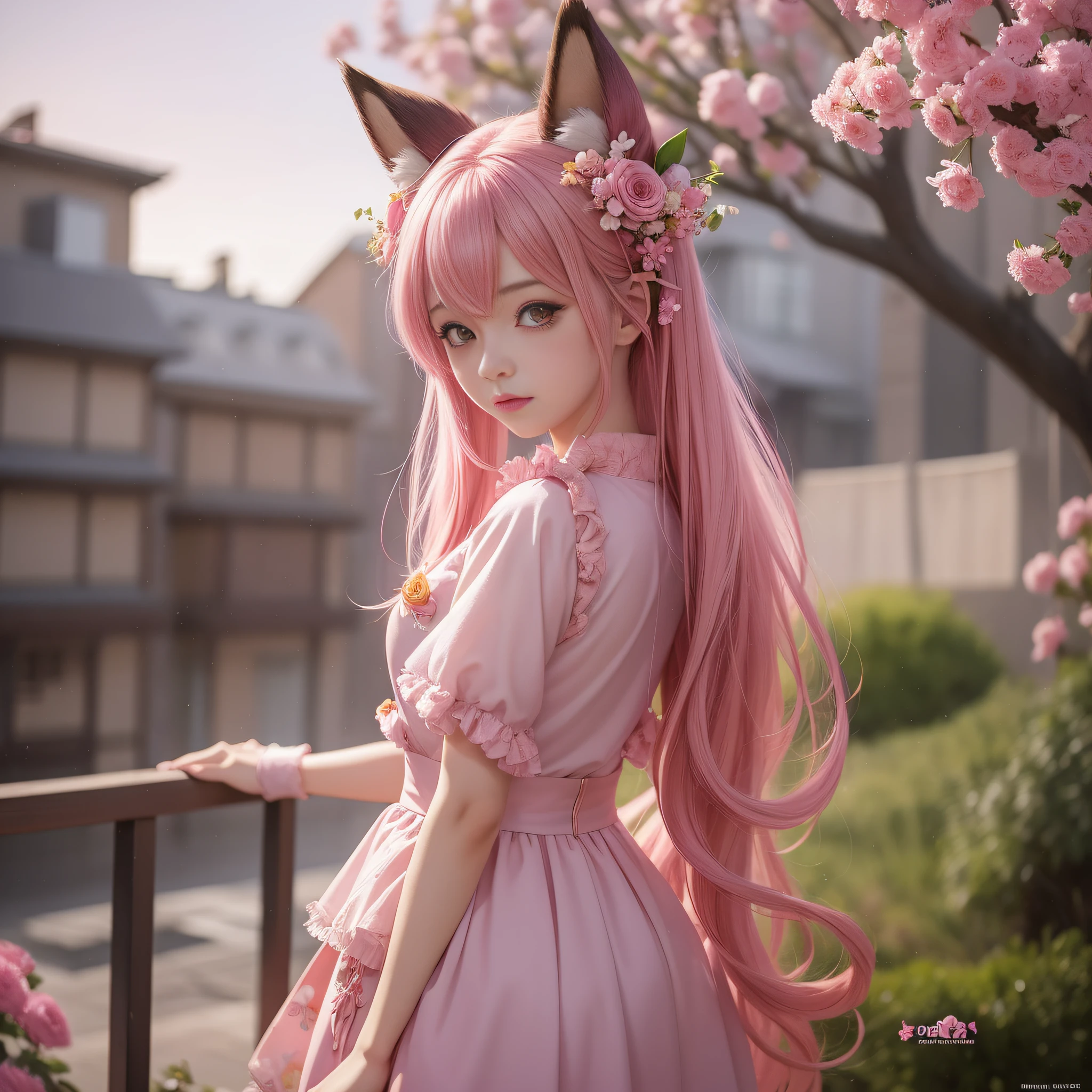Anime girl with pink hair and pink dress with flowers on her hair, very beautiful anime fox girl, beautiful anime fox girl, beautiful fantasy anime, guweiz, anime girl with fox ears, beautiful anime girl, very pretty cute fox girl, pink flower rain, background blur, anime style 4 K, anime fantasy artwork, 4k anime wallpaper, guvez style artwork