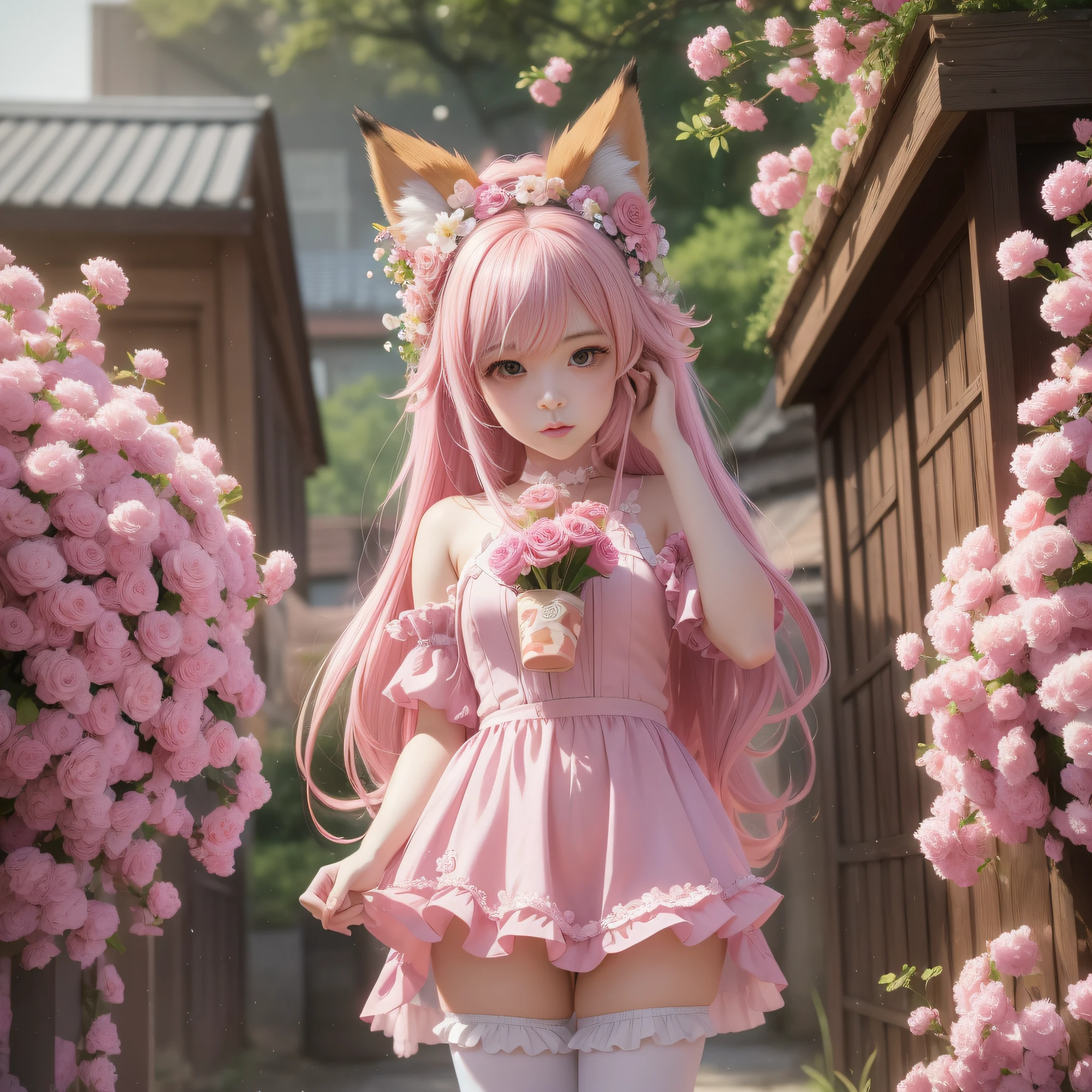 Anime girl with pink hair and pink dress with flowers on her hair, very beautiful anime fox girl, beautiful anime fox girl, beautiful fantasy anime, guweiz, anime girl with fox ears, beautiful anime girl, very pretty cute fox girl, pink flower rain, background blur, anime style 4 K, anime fantasy artwork, 4k anime wallpaper, guvez style artwork