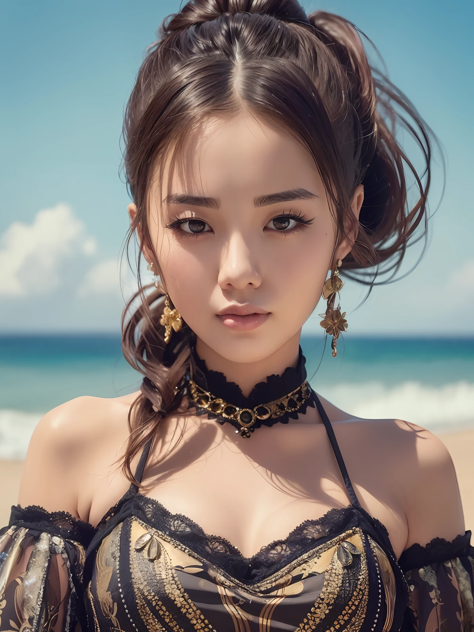 Close up portrait of woman in black and gold dress on the beach, beautiful Japan woman, Japan girl, gorgeous young Japan woman, popular korean makeup, beautiful young Japan woman, beautiful asian girl, popular korean makeup, young adorable korean face, urzan, asian features, one adorable Japan face, girl cute fine face, Japan woman