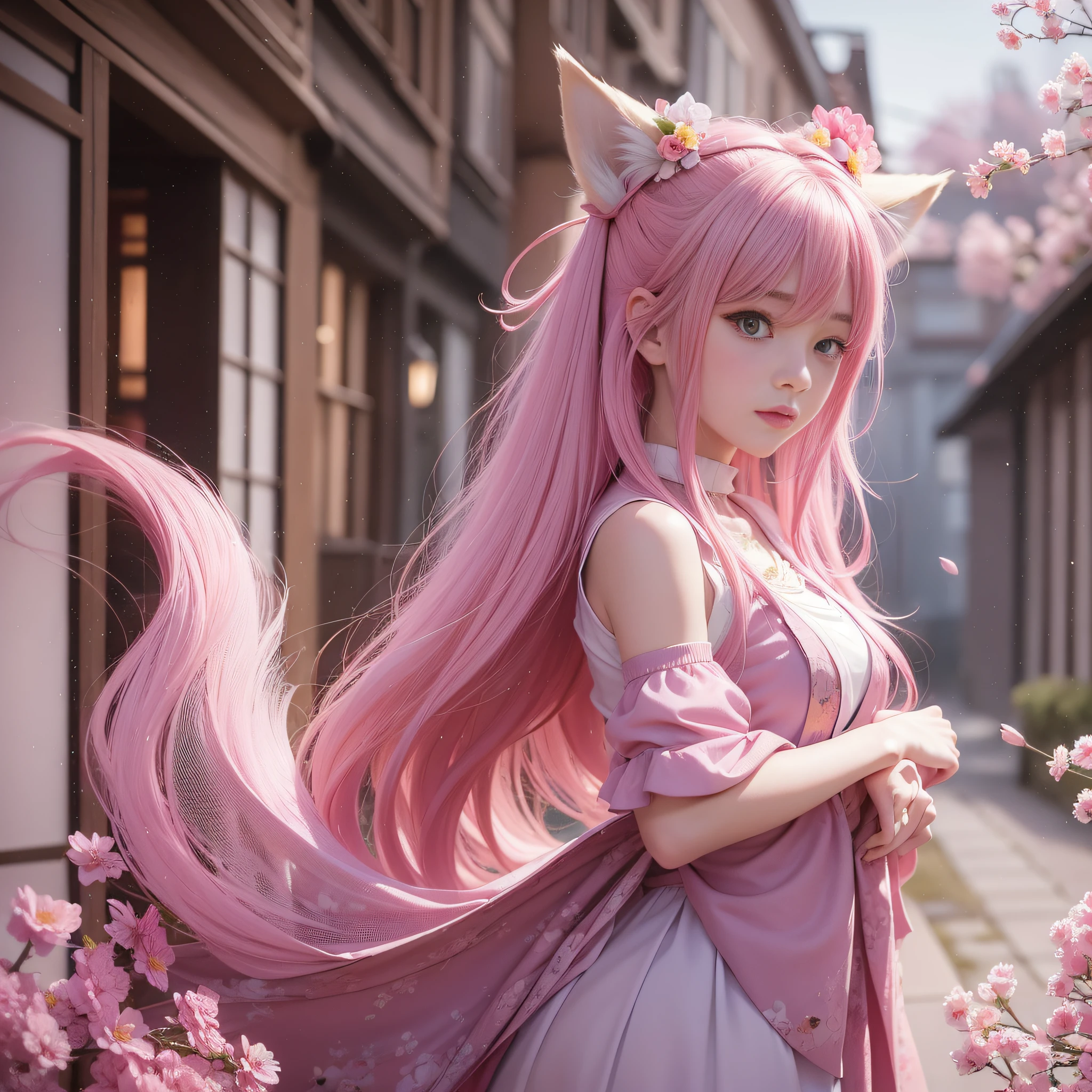 Anime girl with pink hair and pink dress with flowers on her hair, very beautiful anime fox girl, beautiful anime fox girl, beautiful fantasy anime, guweiz, anime girl with fox ears, beautiful anime girl, very pretty cute fox girl, pink flower rain, background blur, anime style 4 K, anime fantasy artwork, 4k anime wallpaper, guvez style artwork