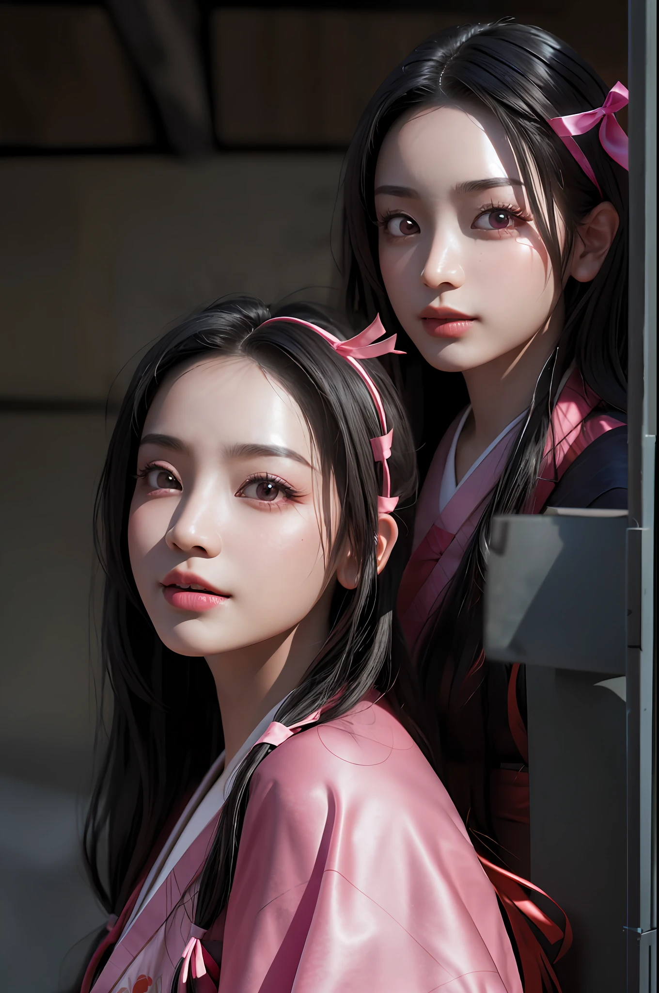 masterpiece, (photorealistic:1.5), realistic eyes, asian woman, best quality, beautiful lighting, professional lighting, photon mapping, radiosity, physically-based rendering,
kamado nezuko, 1girl, black hair, forehead, hair ribbon, japanese clothes, kimono, long hair, multicolored hair, pink eyes, pink kimono, pink ribbon, ribbon, very long hair, bit gag, gagged, sky, ((aged up)),
(RAW photo, 8k uhd, film grain)