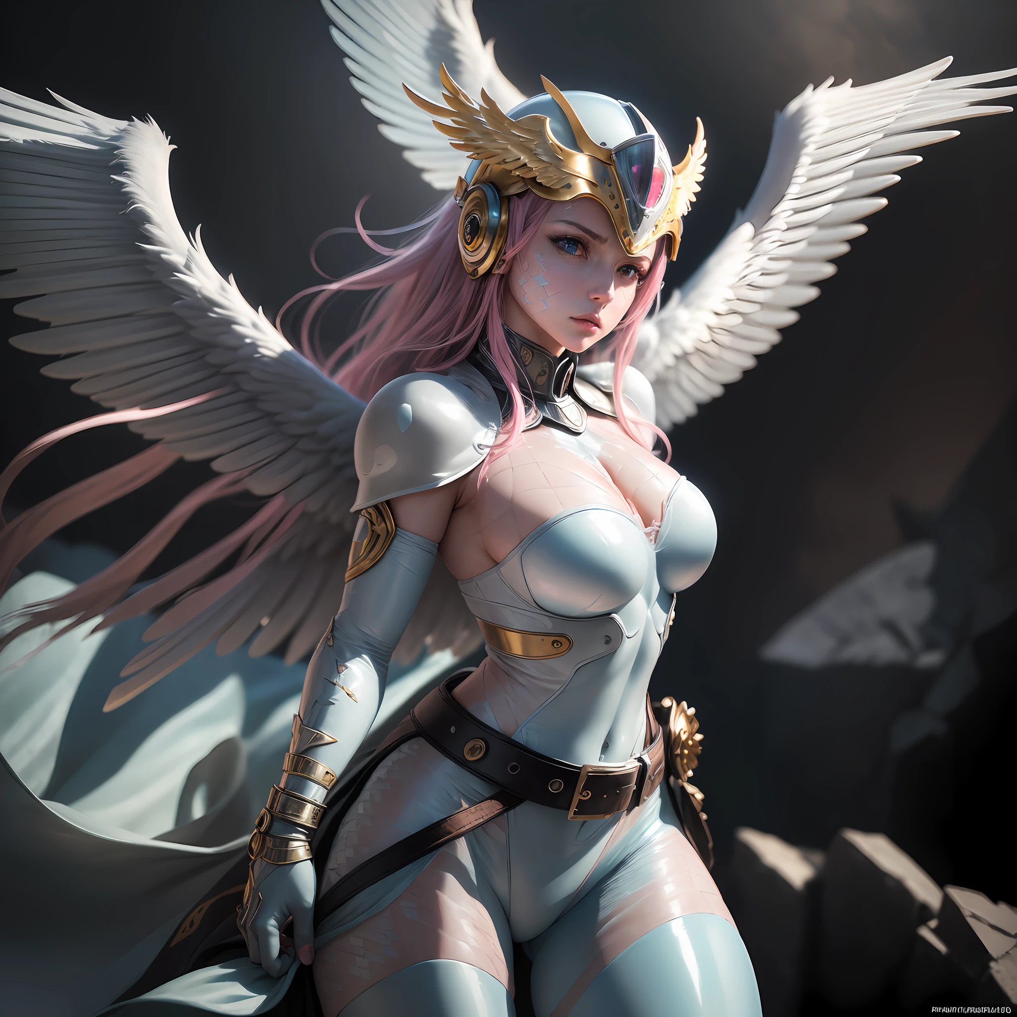 Angewomon, Digimon, (highly detailed face:1.2), (photorealistic skin:2), lifelike texture, by lee jeffries, nikon d850, film stock photograph, 4 kodak portra 400, camera f1.6 lens, rich colors, cinestill 800, dramatic lighting, beautiful lighting, Nikon D850, (photo made with canon eos r5:1.2), dslr, (hdr:1.2), (35mm film stock:0.3), Fujifilm XT3, (fisheye:0.55), (8k uhd, RAW photo, best quality, masterpiece:1.2), (hyper realistic, photorealistic:1.37), lifelike texture, solo, 1girl, (huge breasts:1.15), (winged helmet:1.3), (helmet over eyes:1.3, helmet on), (white multiple wings, white wings:1.3, pink hagoromo, single glove), (strapless), (white bodysuit, gold strapless bra, black belt), (two belts), (full body:1.3), (parted lips:1.2), (25 years old:1.5) (sky), flying, floating, angel, --auto --s2