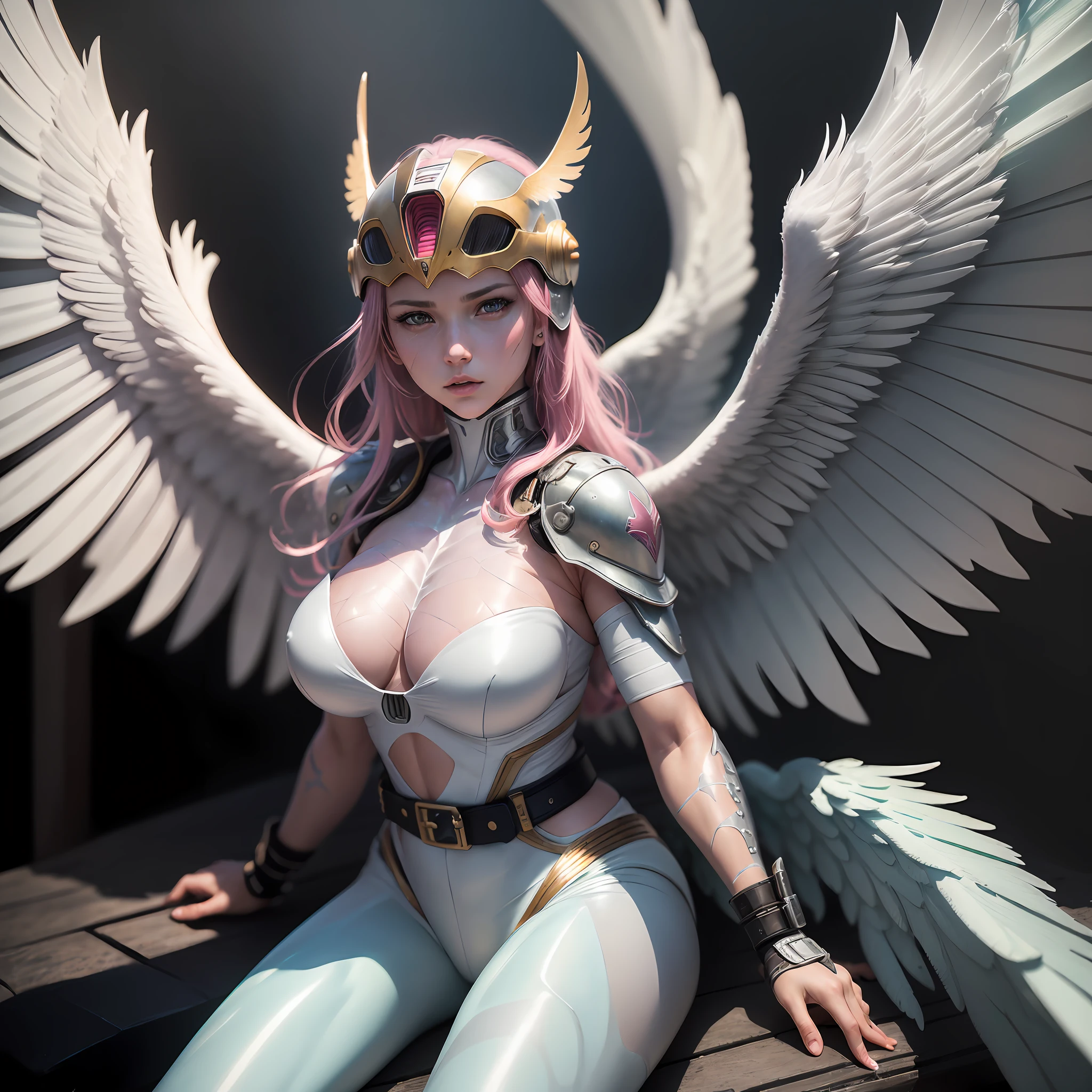 Angewomon, Digimon, (highly detailed face:1.2), (photorealistic skin:2), lifelike texture, by lee jeffries, nikon d850, film stock photograph, 4 kodak portra 400, camera f1.6 lens, rich colors, cinestill 800, dramatic lighting, beautiful lighting, Nikon D850, (photo made with canon eos r5:1.2), dslr, (hdr:1.2), (35mm film stock:0.3), Fujifilm XT3, (fisheye:0.55), (8k uhd, RAW photo, best quality, masterpiece:1.2), (hyper realistic, photorealistic:1.37), lifelike texture, solo, 1girl, (huge breasts:1.15), (winged helmet:1.3), (helmet over eyes:1.3, helmet on), (white multiple wings, white wings:1.3, pink hagoromo, single glove), (strapless), (white bodysuit, gold strapless bra, black belt), (two belts), (full body:1.3), (parted lips:1.2), (25 years old:1.5) (sky), flying, floating, angel, --auto --s2