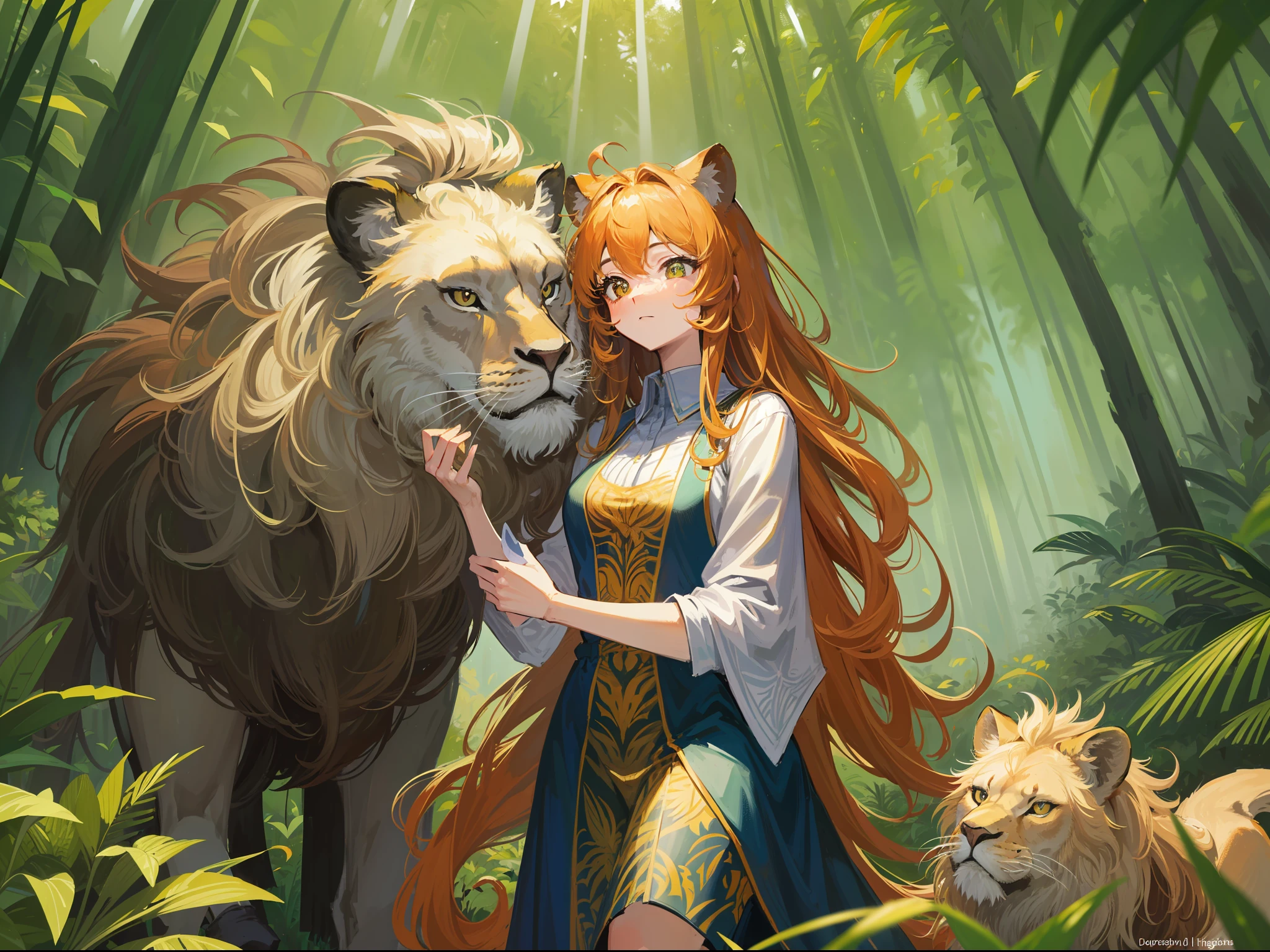 (masterpiece), best quality, high definition, beautiful girl, (cute:1.2), with a lion king theme, (royal:1.2), (jungle:1.1), majestic, (fierce:1.1) expression, big amber eyes, (thick mane-like hair:1.2), standing in the midst of the jungle, surrounded by trees and lush foliage, with rays of sunlight coming through the leaves, wearing a (royal:1.2) ensemble of (jungle green:1.1) and gold, with (lion:1.1) motifs, her expression conveying both playfulness and (royalty:1.1).