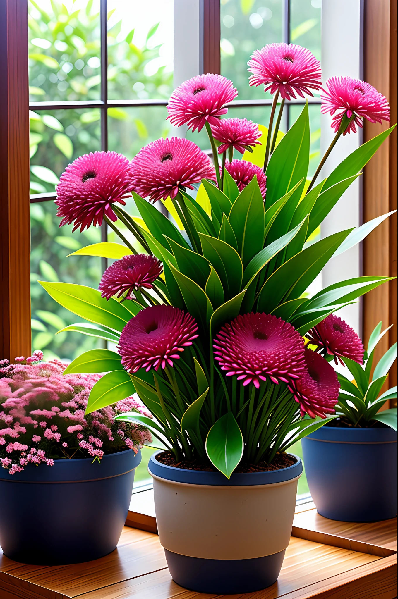 Clay flower pot, colorful caryophyllum flowers, window side, sunlight coming in, background blank, lots of detail, high quality, 8k