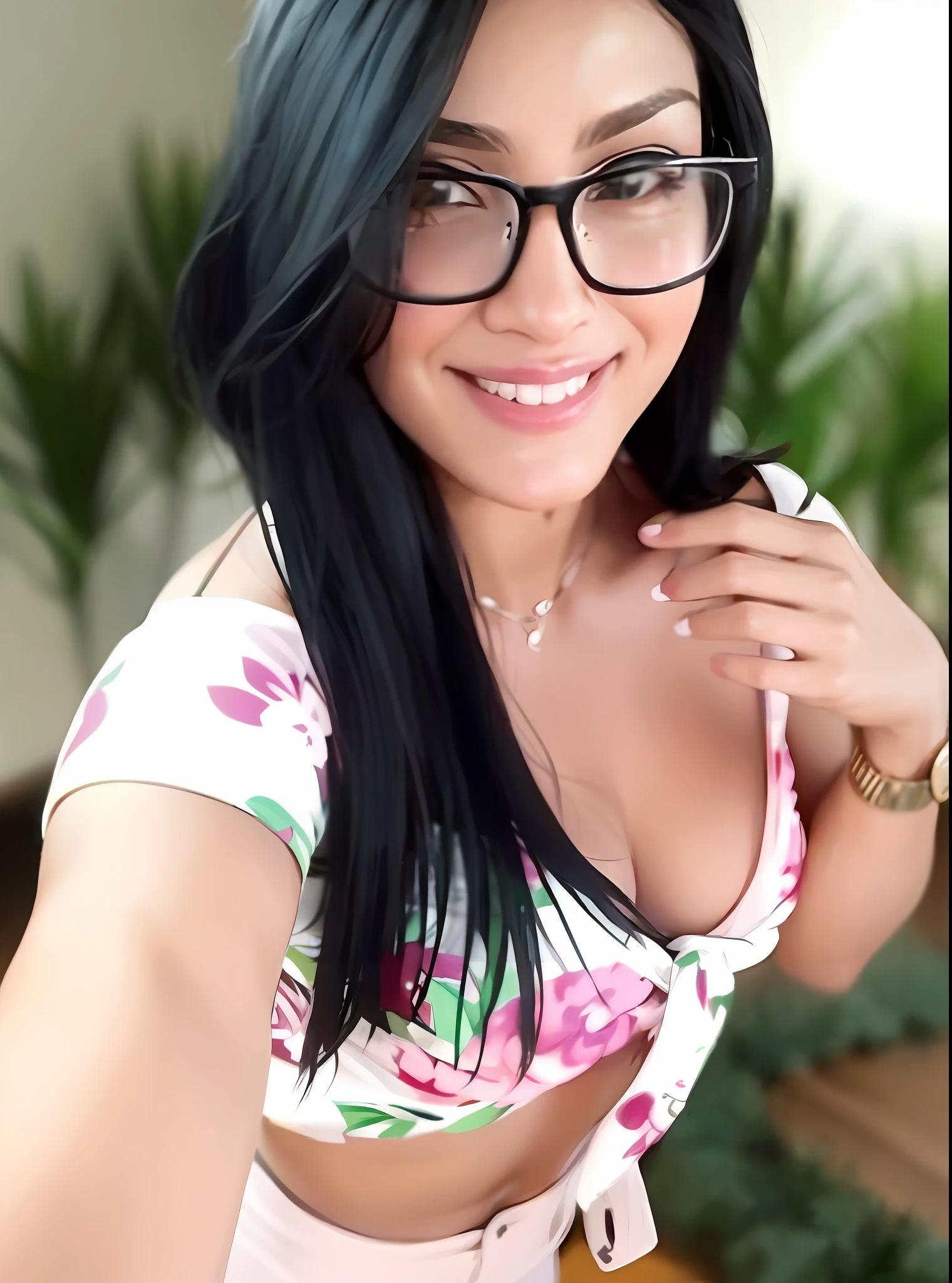 A closeup of a woman wearing glasses and a floral top, looks like Fabiula Nascimento, 26 years old woman from Cuba, Alanis Guillen, woman, photo of a model, 3  Brazilian mother, Adriana Dxim, Ayahausca, Malika Favre
