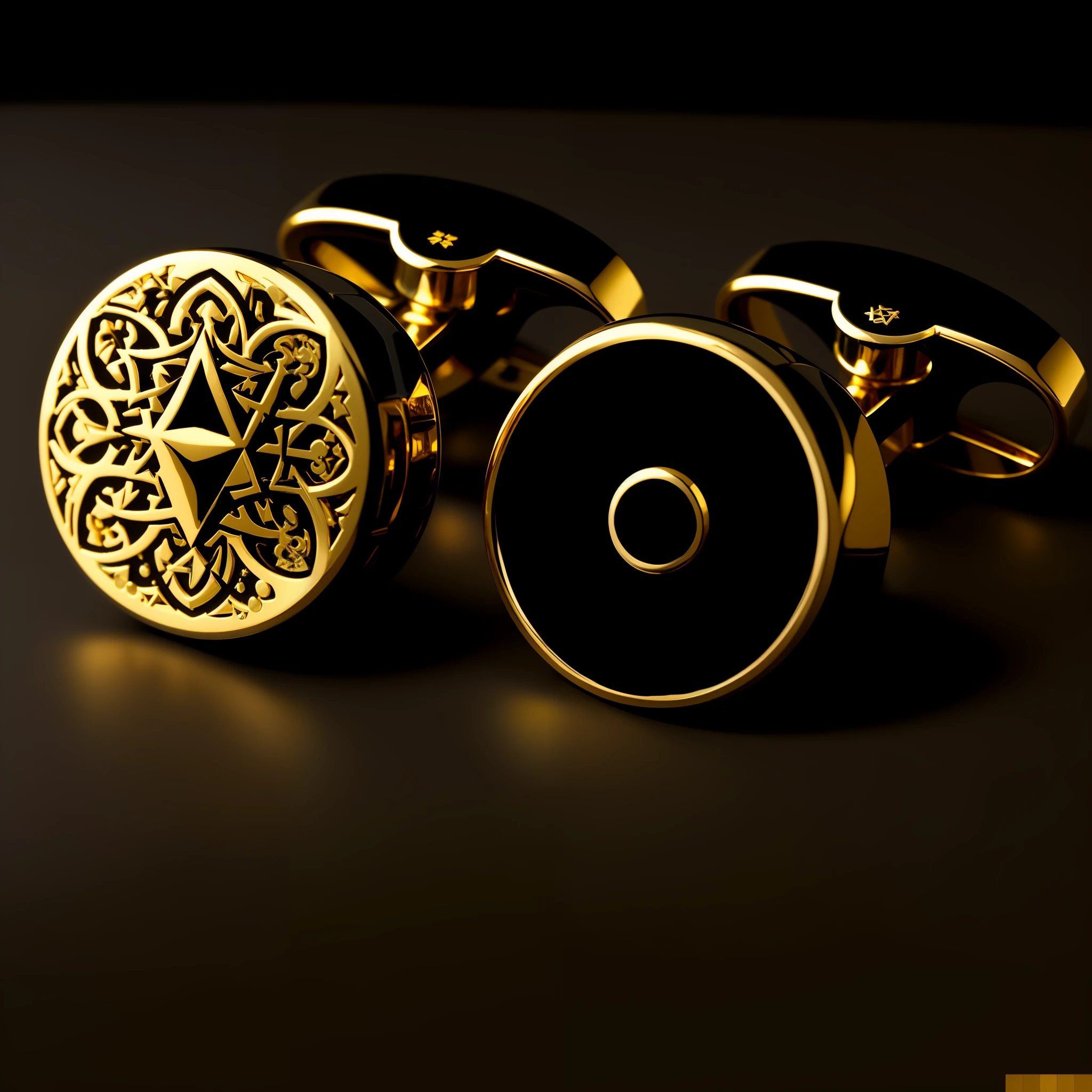 a close up of a pair of cufflinks with a star of david on it, carbon black and antique gold, gold black, black and gold colors, black jewellery, : 5 stylish, gold and black color scheme, exquisite and smooth detail, black and gold rich color, carbon blac and antique gold, glossy intricate design, studs, elegant intricate, gold and black --auto --s2