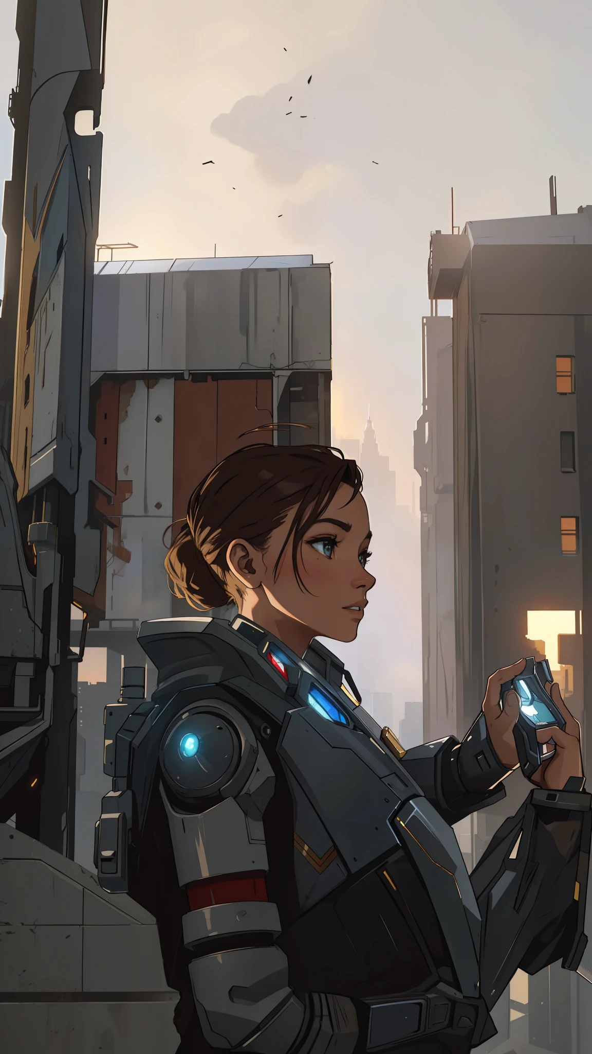 RAW, Masterpiece, Ultra Fine Photo,, Best Quality, Ultra High Resolution, Photorealistic, Sunlight, Full Body Portrait, Stunningly Beautiful,, Dynamic Poses, Delicate Face, Vibrant Eyes, (Side View) , she is wearing a futuristic Iron Man mech, red and gold color scheme, highly detailed abandoned warehouse background, detailed face, detailed and complex busy background, messy, gorgeous, milky white, high detailed skin, realistic skin details, visible pores , sharp focus, volumetric fog, 8k uhd, dslr camera, high quality, film grain, fair skin, photorealism, lomography, sprawling metropolis in futuristic dystopia, view from below, translucent