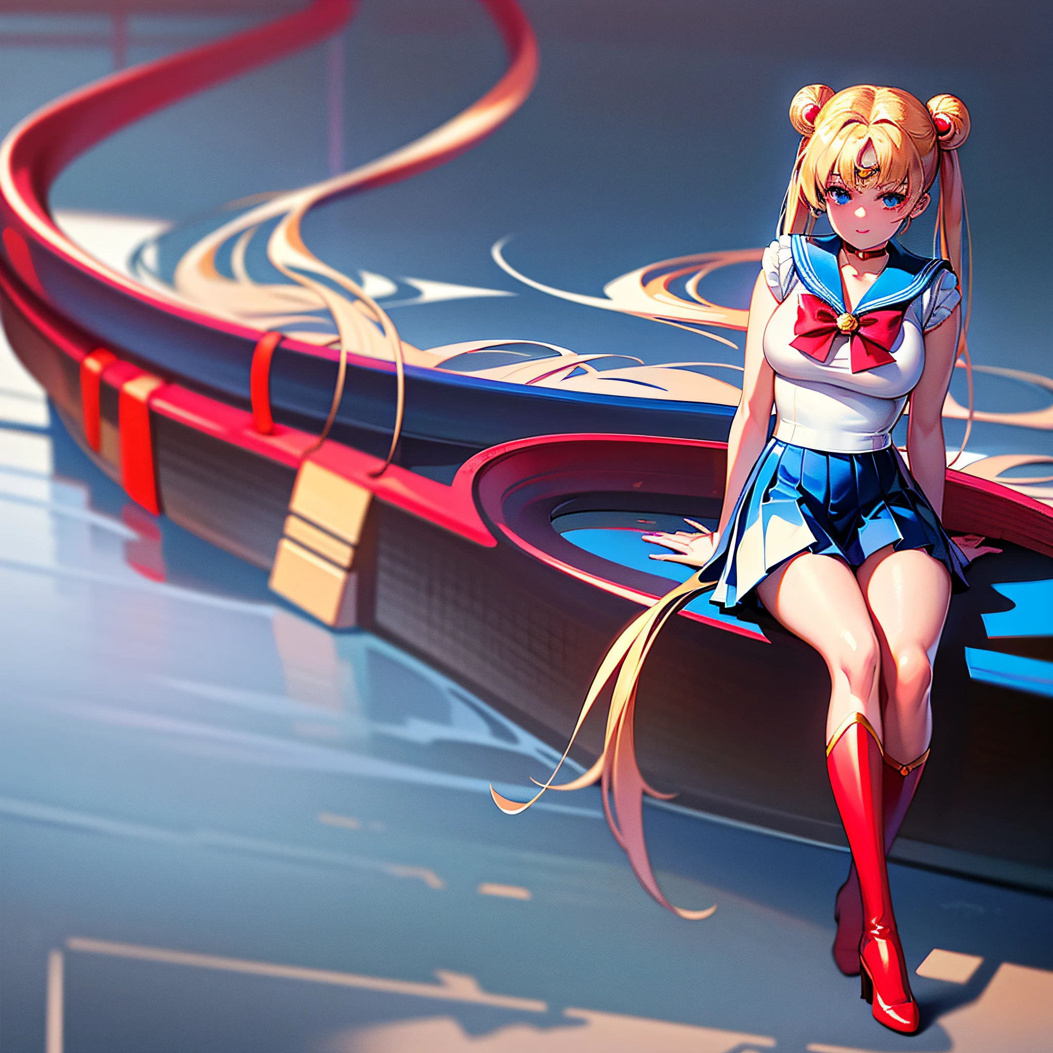 (8k, RAW photo, best quality, masterpiece:1.2), (ultra highres:1.0), detailed illustration, detailed, (realistic, photo-realistic:1.37), detailed beautiful skin, sailor moon, (1 girl: 1.2),(full body:1.2),(hand of Guido Daniele:1.2), slim body, cute, happy, long hair, long leg, cleavage,blue skirt,red bow,blue eyes,blond hair,twin tails,hair bun,hair ornament,blue sailor collar, red choker, red boots, high heels, sailor senshi uniform, white gloves
sitting in the park, tokyo street, japan buildings,
