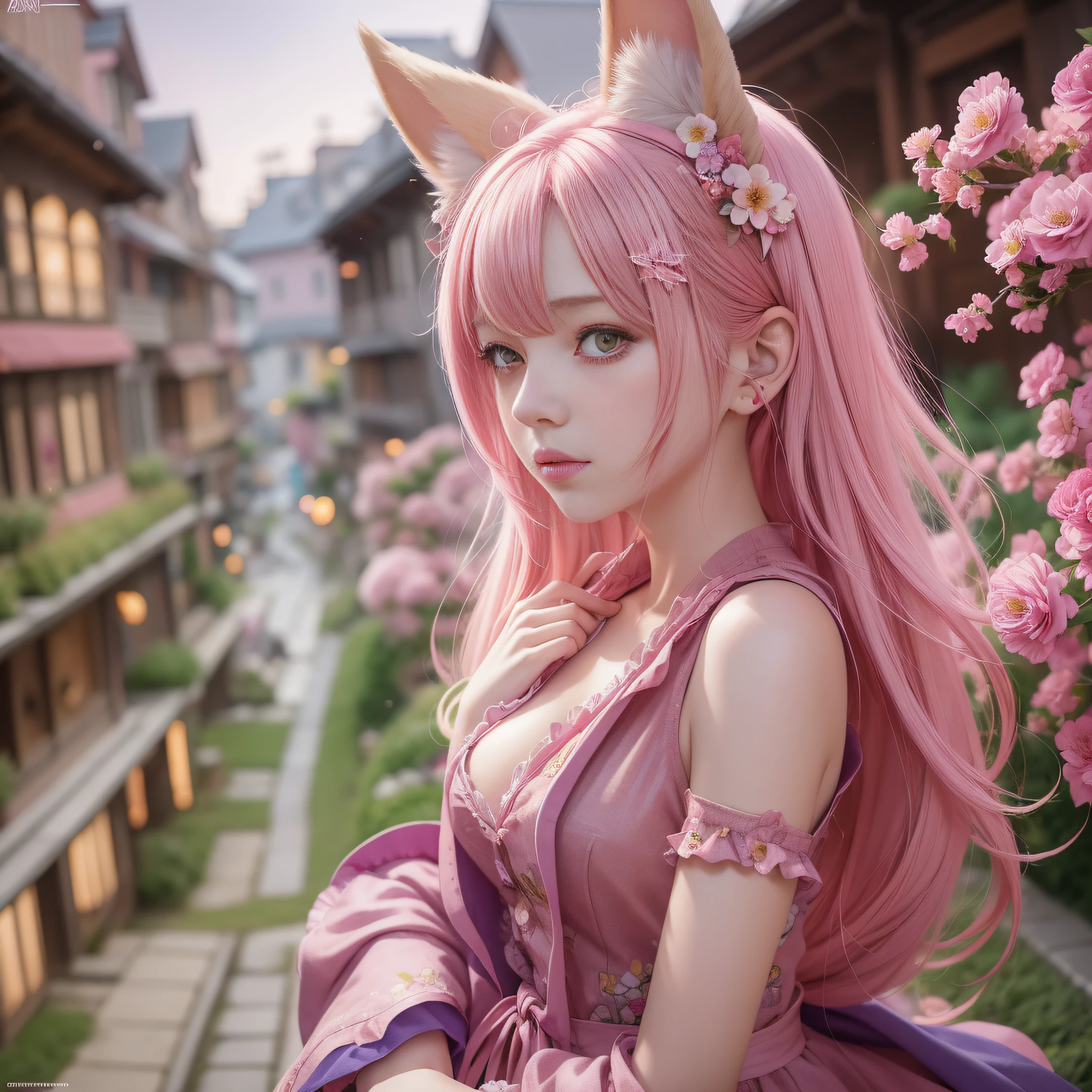 Anime girl with pink hair and pink dress with flowers on her hair, very beautiful anime fox girl, beautiful anime fox girl, beautiful fantasy anime, guweiz, anime girl with fox ears, beautiful anime girl, very pretty cute fox girl, pink flower rain, background blur, anime style 4 K, anime fantasy artwork, 4k anime wallpaper, guvez style artwork