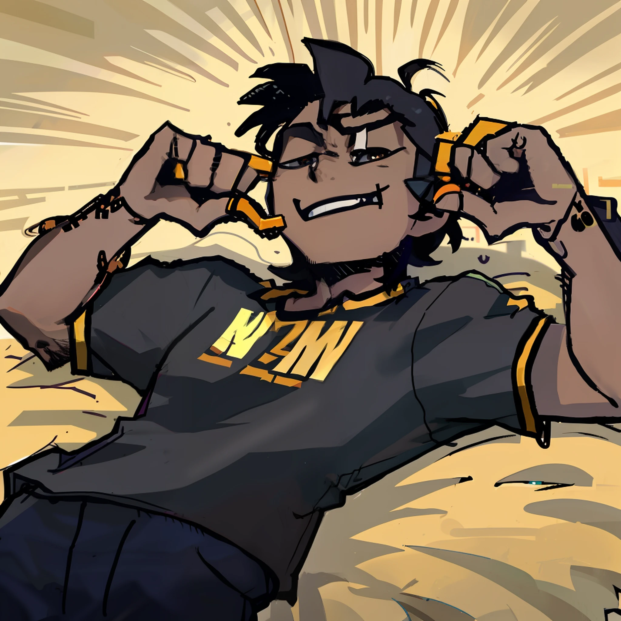 Black, black boy, American, dark brown eyes, anime, high quality, Hair stuck, goatee, looking at camera, head lying diagonally, bright eyes, nirvana t-shirt.