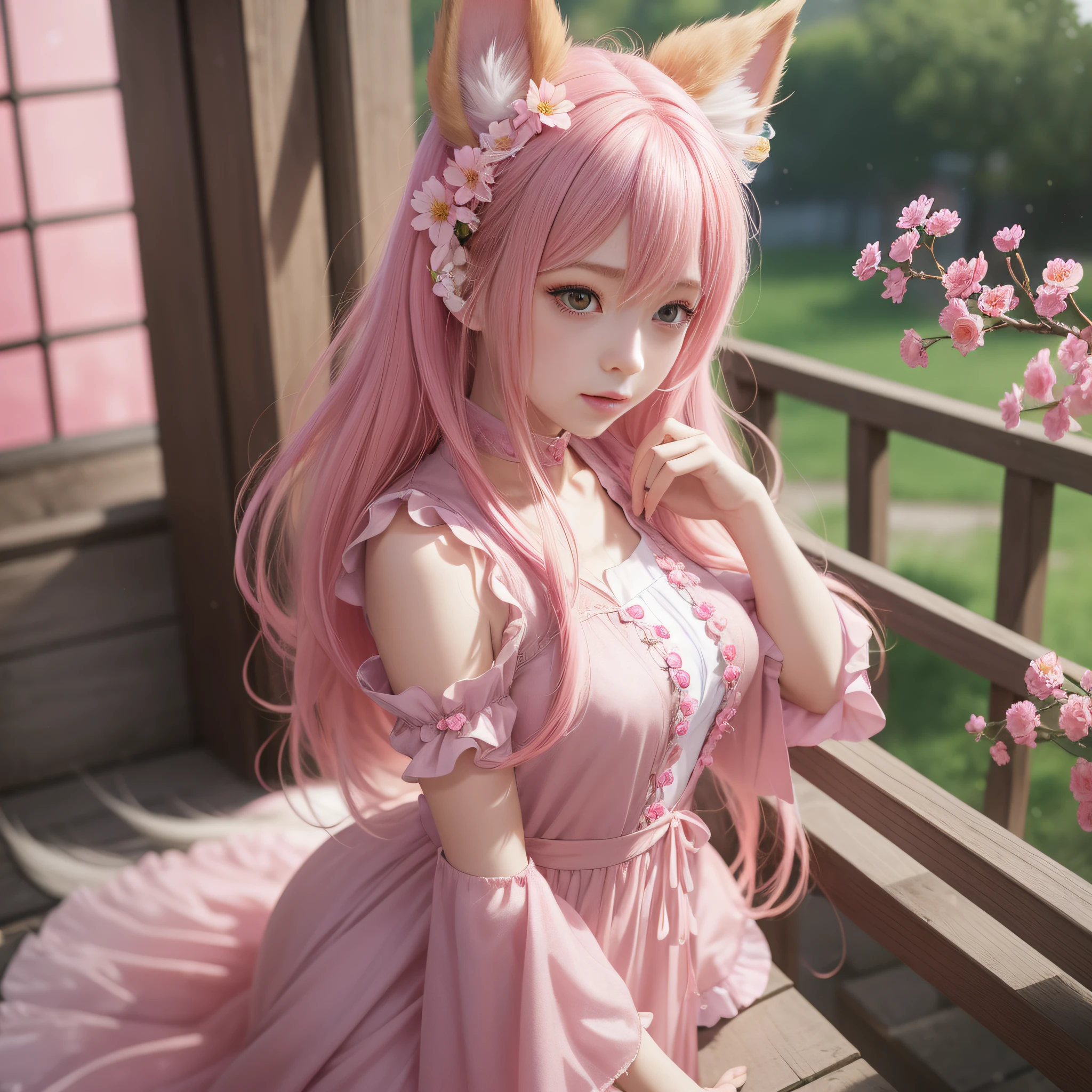 Anime girl with pink hair and pink dress with flowers on her hair, very beautiful anime fox girl, beautiful anime fox girl, beautiful fantasy anime, guweiz, anime girl with fox ears, beautiful anime girl, very pretty cute fox girl, pink flower rain, background blur, anime style 4 K, anime fantasy artwork, 4k anime wallpaper, guvez style artwork