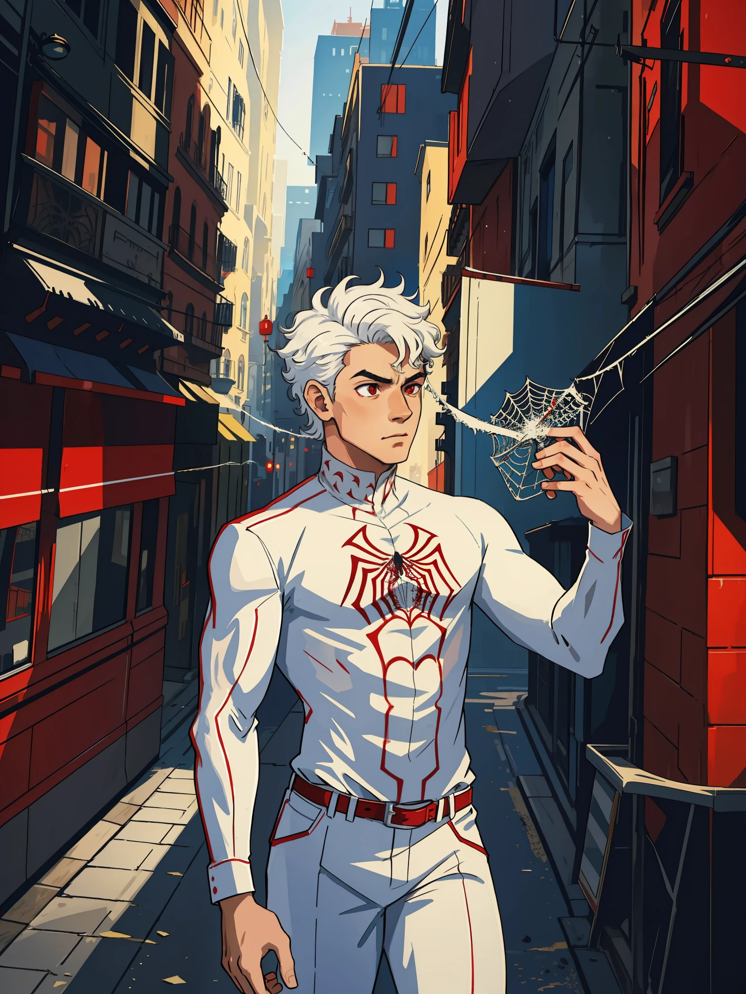 (masterpiece, best quality), intricate details, 8k, artstation, wallpaper, official art, splash art, sharp focus,
1boy, curly hair, , red eyes, white hair,
spider suit, spider web printing, spider web,
skyscrapers, city, buildings, cars, street,