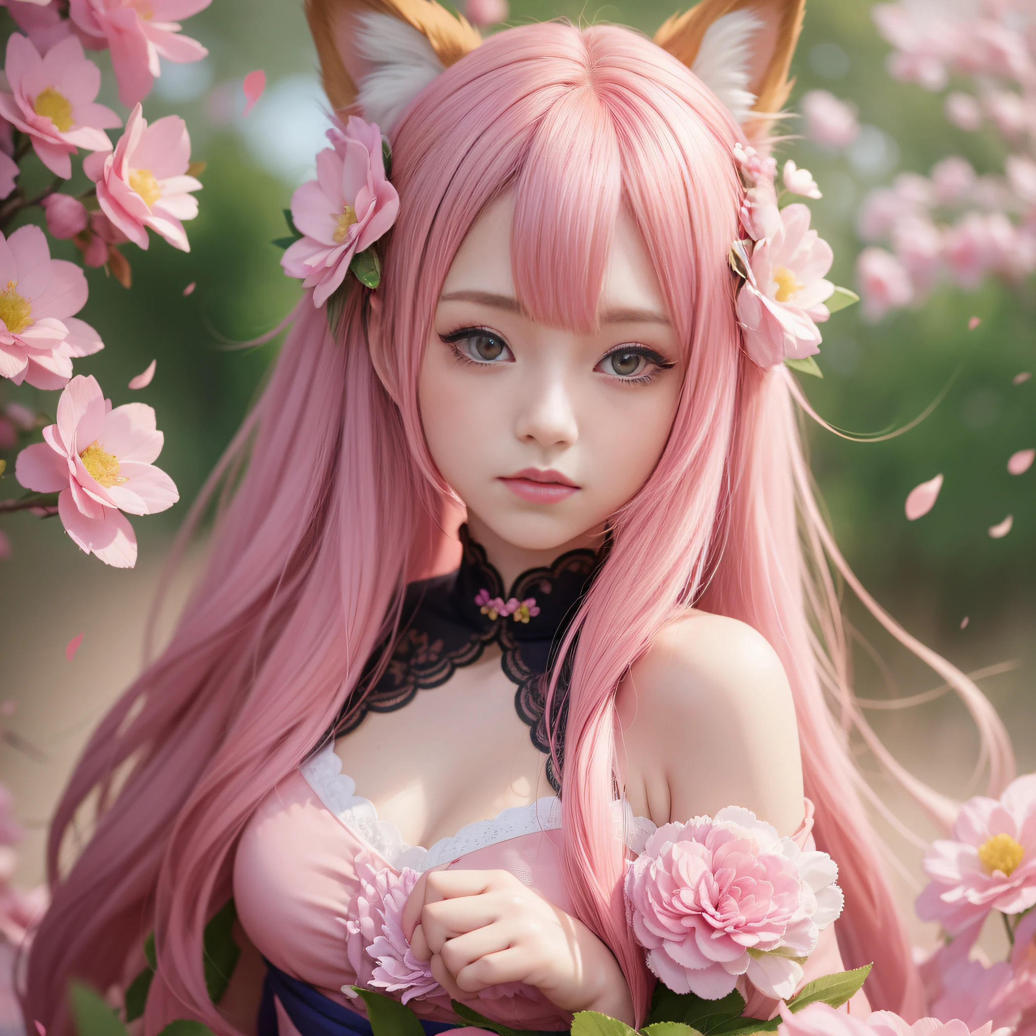 Anime girl with pink hair and pink dress with flowers on her hair, very beautiful anime fox girl, beautiful anime fox girl, beautiful fantasy anime, guweiz, anime girl with fox ears, beautiful anime girl, very pretty cute fox girl, pink flower rain, background blur, anime style 4 K, anime fantasy artwork, 4k anime wallpaper, guvez style artwork