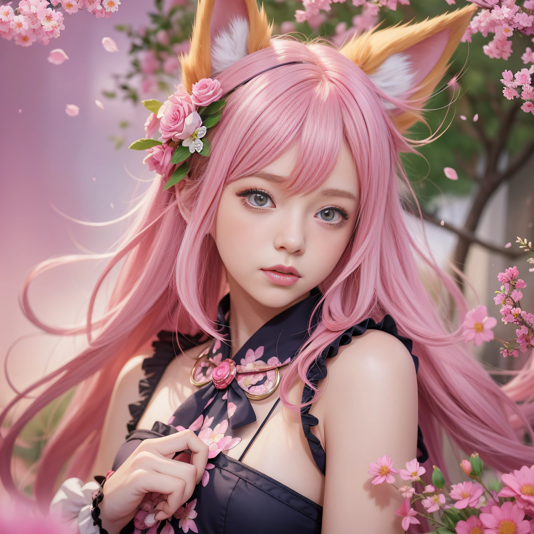 Anime girl with pink hair and pink dress with flowers on her hair, very beautiful anime fox girl, beautiful anime fox girl, beautiful fantasy anime, guweiz, anime girl with fox ears, beautiful anime girl, very pretty cute fox girl, pink flower rain, background blur, anime style 4 K, anime fantasy artwork, 4k anime wallpaper, guvez style artwork