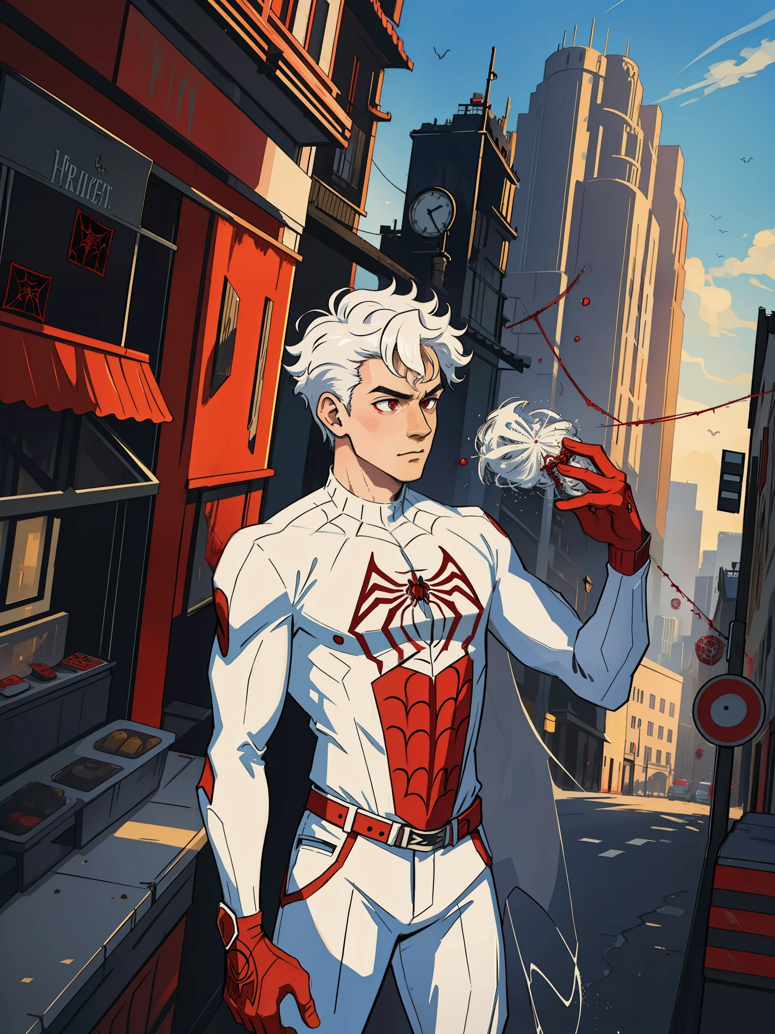 (masterpiece, best quality), intricate details, 8k, artstation, wallpaper, official art, splash art, sharp focus,
1boy, curly hair, , red eyes, white hair, 
 spider suit, spider web printing, spider web,  
skyscrapers, city, buildings, cars, street,