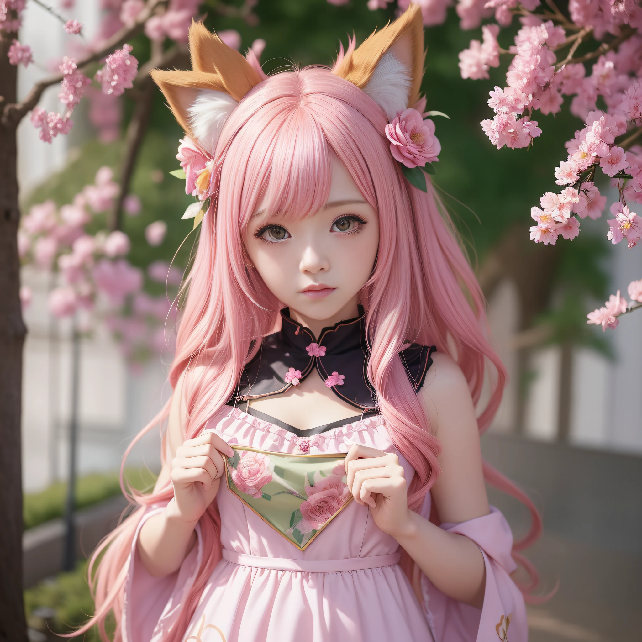 Anime girl with pink hair and pink dress with flowers on her hair, very beautiful anime fox girl, beautiful anime fox girl, beautiful fantasy anime, guweiz, anime girl with fox ears, beautiful anime girl, very pretty cute fox girl, pink flower rain, background blur, anime style 4 K, anime fantasy artwork, 4k anime wallpaper, guvez style artwork