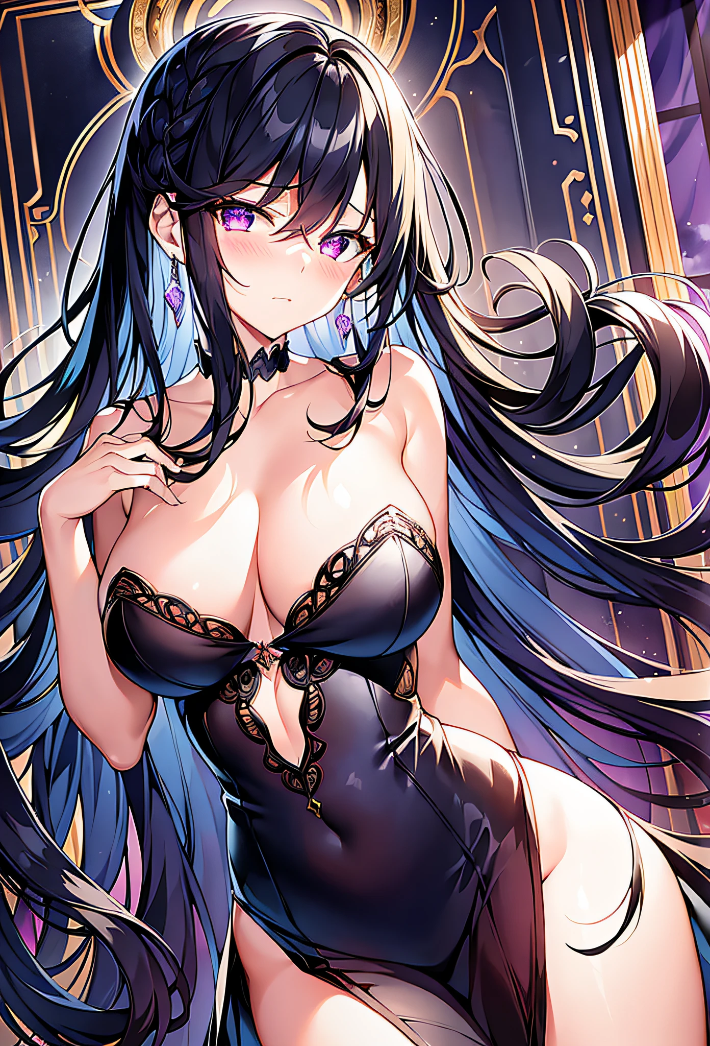 (masterpiece, reflections, atmospheric lighting, dynamic lighting), best quality, 1girl, perfect figure, perfect face, black hair, long luscious black hair, semi-curly hair, delicate hair, glowing eyes, delicate fingers, delicate legs, shy, embarrassed, blushing, lewd, sexy, purple dangling earrings, pitch black dress, wedding dress, lingerie dress, strapless dress, slit leg dress, lewd dress