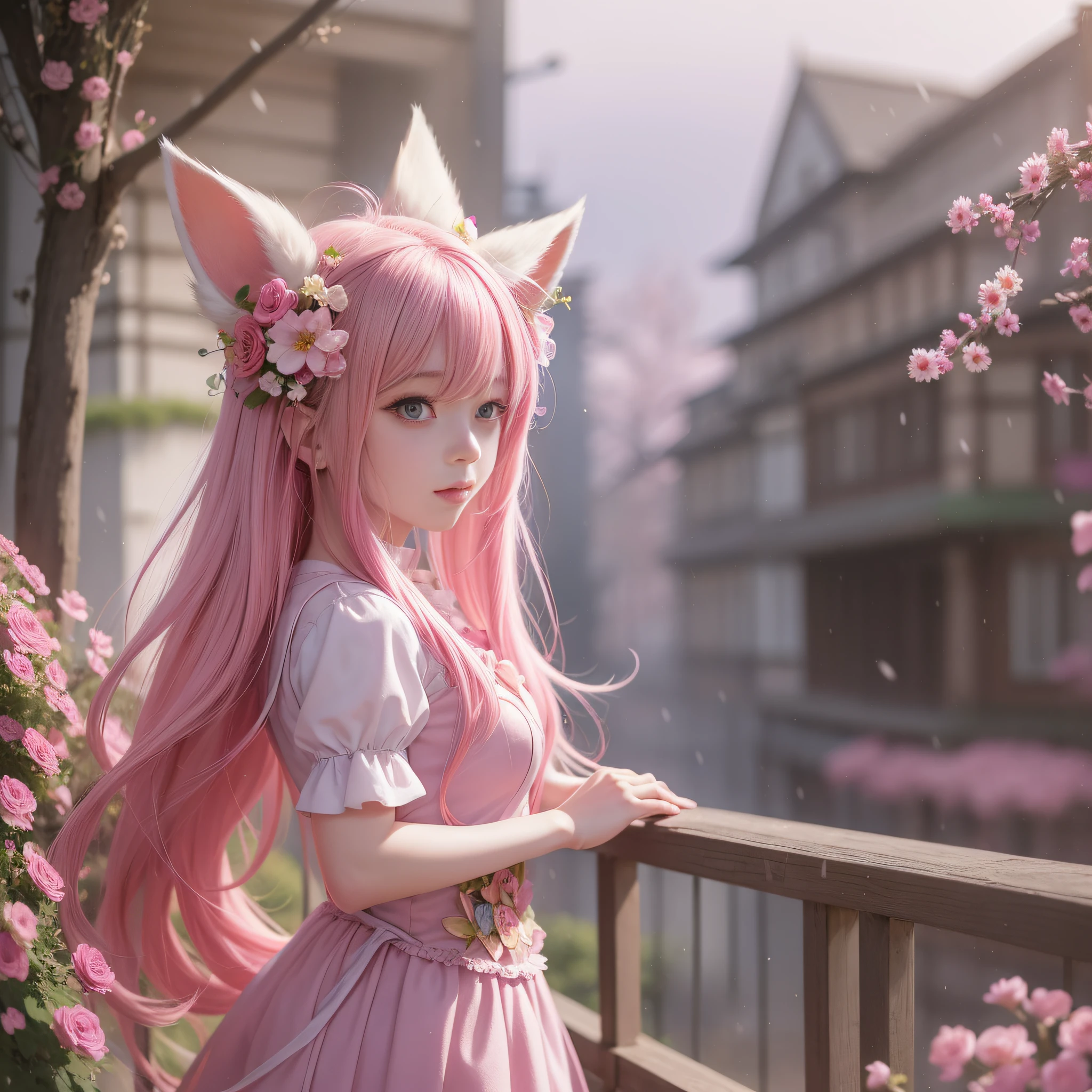 Anime girl with pink hair and pink dress with flowers on her hair, very beautiful anime fox girl, beautiful anime fox girl, beautiful fantasy anime, guweiz, anime girl with fox ears, beautiful anime girl, very pretty cute fox girl, pink flower rain, background blur, anime style 4 K, anime fantasy artwork, 4k anime wallpaper, guvez style artwork