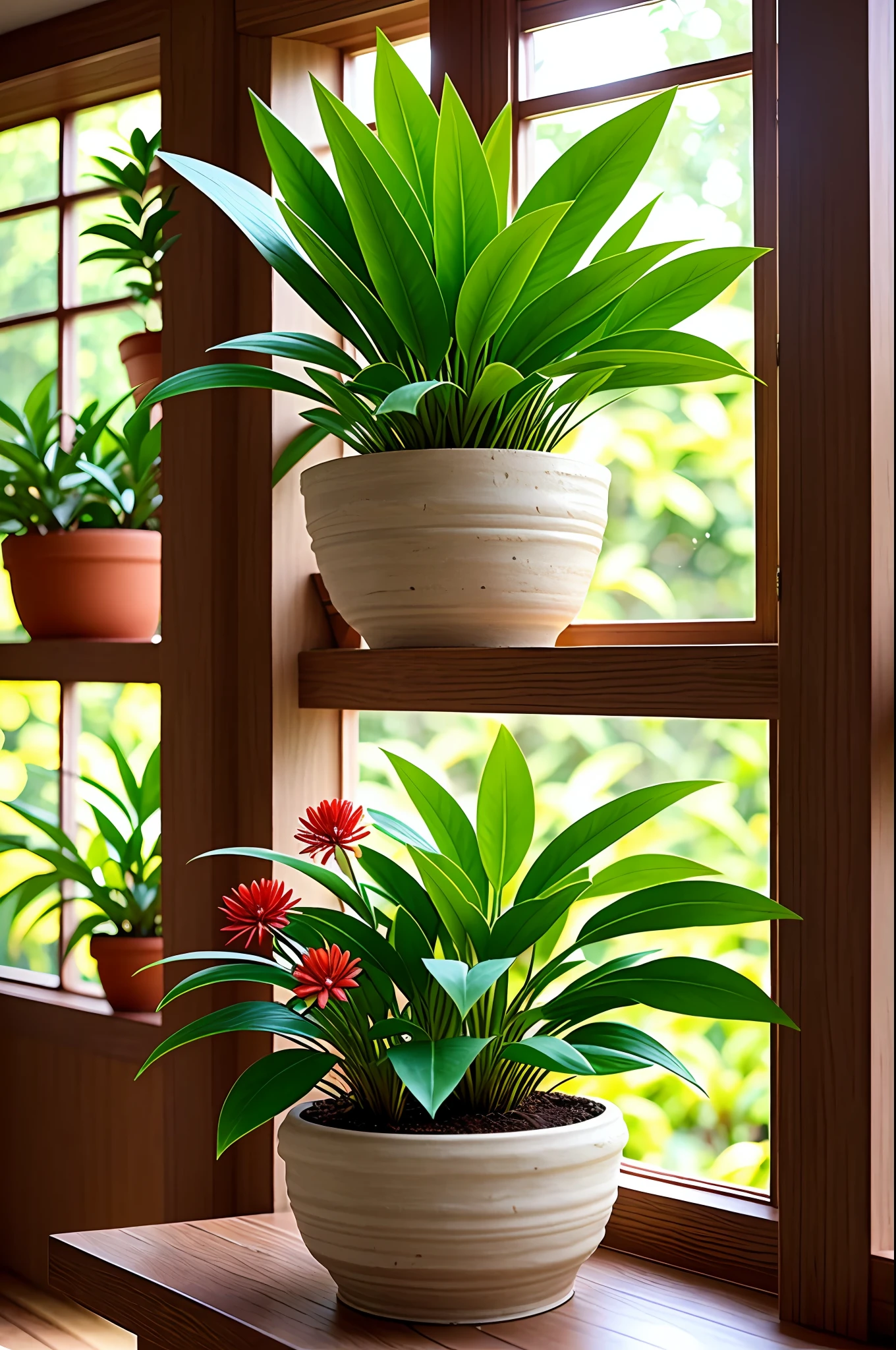 Clay flower pot, colorful caryophyllum flowers, window side, sunlight coming in, background blank, lots of detail, high quality, 8k