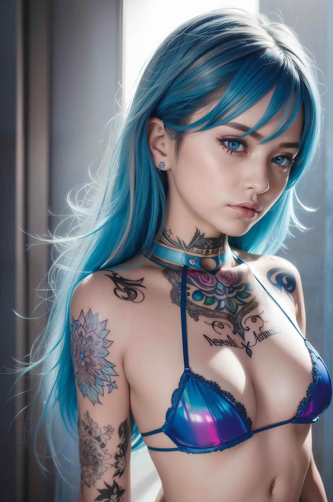 masterpiece, hyper photorealistic, blue hair female, rainbow eyes, all over the tattoos, transparent hologram lacy micro mini bikini