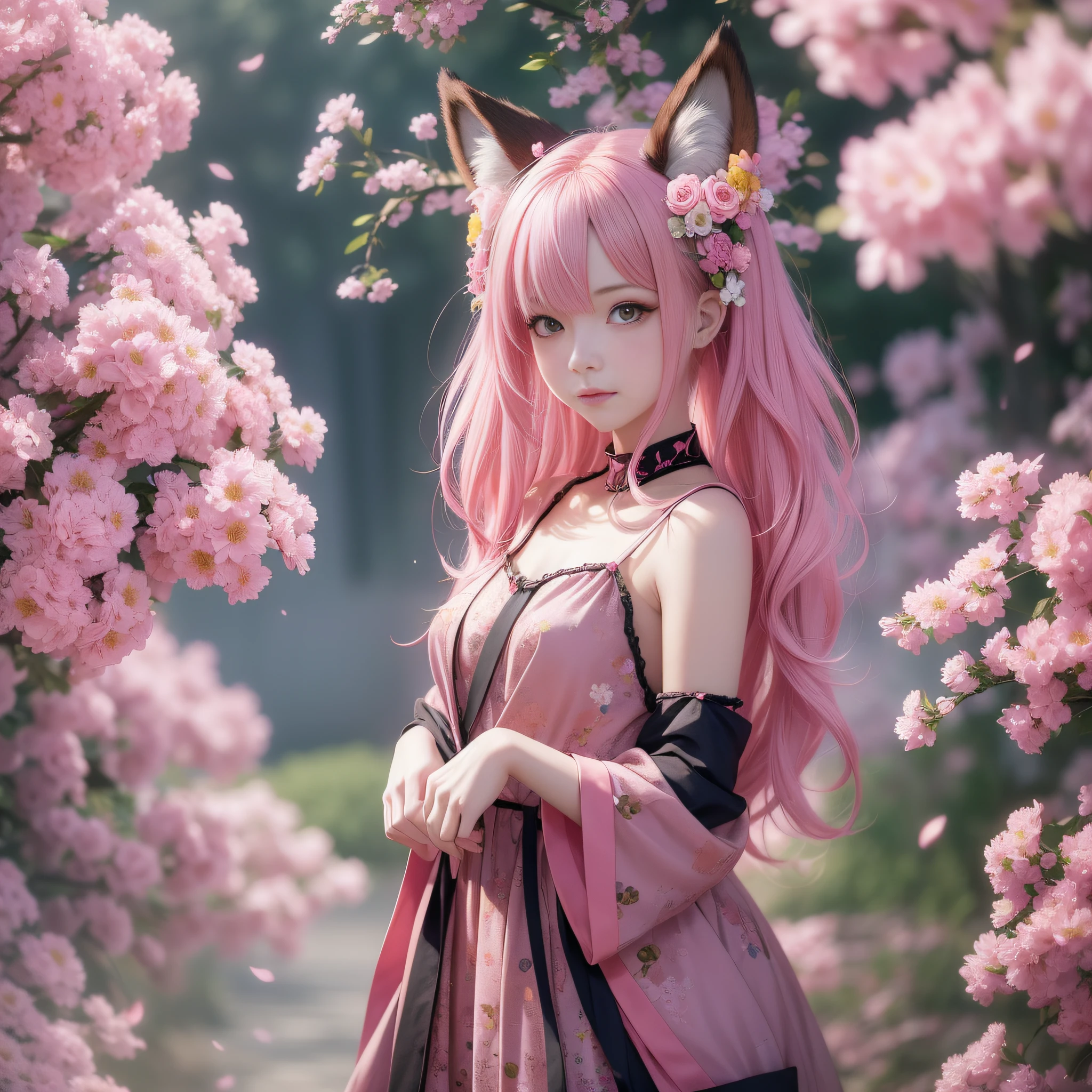 Anime girl with pink hair and pink dress with flowers on her hair, very beautiful anime fox girl, beautiful anime fox girl, beautiful fantasy anime, guweiz, anime girl with fox ears, beautiful anime girl, very pretty cute fox girl, pink flower rain, background blur, anime style 4 K, anime fantasy artwork, 4k anime wallpaper, guvez style artwork