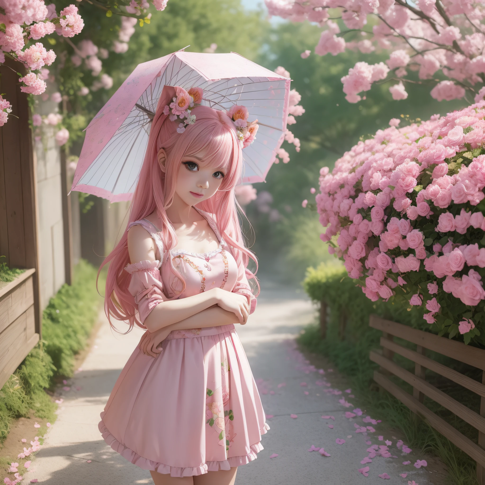 Anime girl with pink hair and pink dress with flowers on her hair, very beautiful anime fox girl, beautiful anime fox girl, beautiful fantasy anime, guweiz, anime girl with fox ears, beautiful anime girl, very pretty cute fox girl, pink flower rain, background blur, anime style 4 K, anime fantasy artwork, 4k anime wallpaper, guvez style artwork