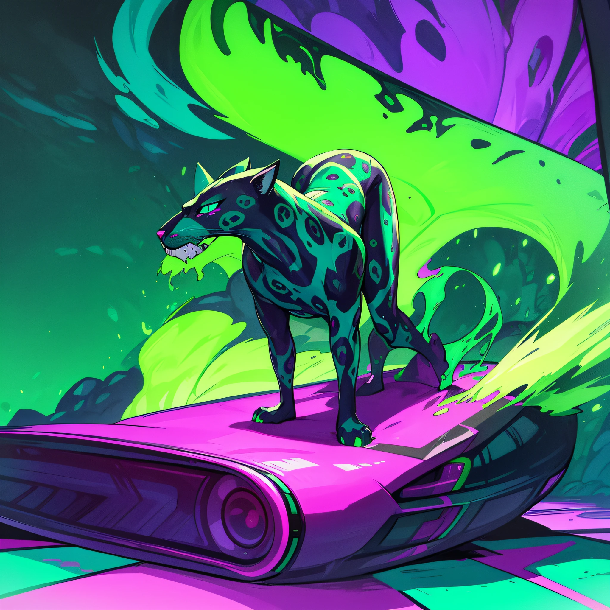 Jaguar, dark green with neon green spots, neon blue eyes, oozing with toxic purple liquid, toxic purple puddles on the ground, looking fierce, masterpiece, best quality ((In Psychedelic Style))