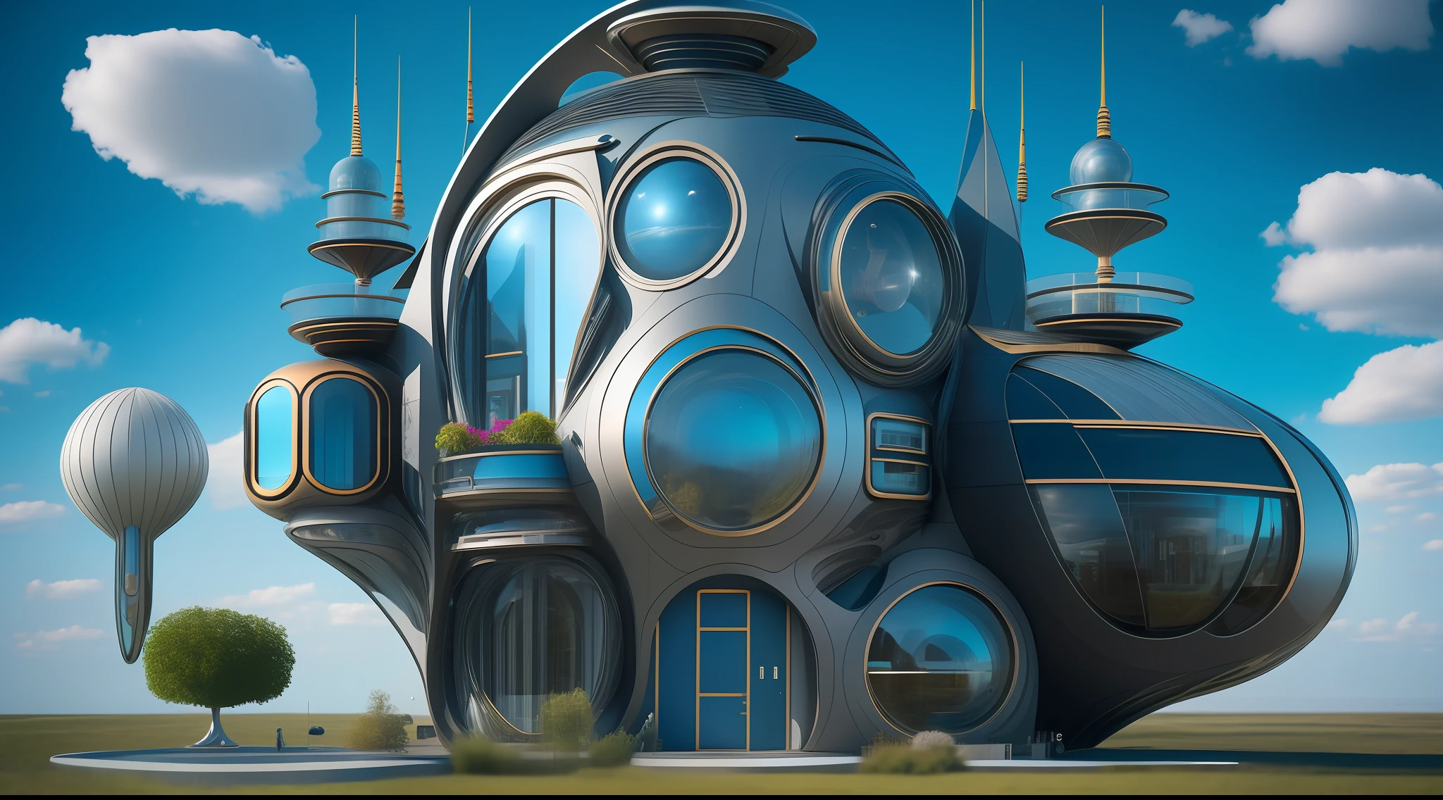 an extremely complex futuristic and advanced steampunk house, a flying vehicle in the garage, sci fi, lots of technology on the walls of the house, Airlock, decoration technology, (Siliconpunk:1) normal small houses next door, blue lawn, 2 sun in the sky, 2 moon in the sky, 200mm lens, high quality, high definition, uhd,