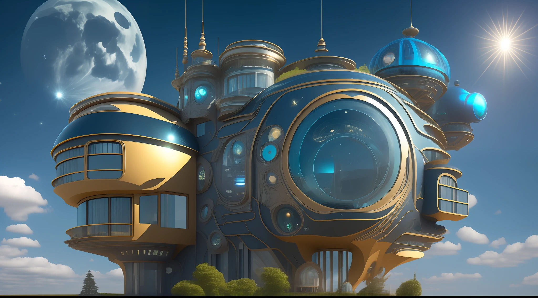 an extremely complex futuristic and advanced steampunk house, a flying vehicle in the garage, sci fi, lots of technology on the walls of the house, Airlock, decoration technology, (Siliconpunk:1) normal small houses next door, blue lawn, 2 sun in the sky, 2 moon in the sky, 200mm lens, high quality, high definition, uhd,