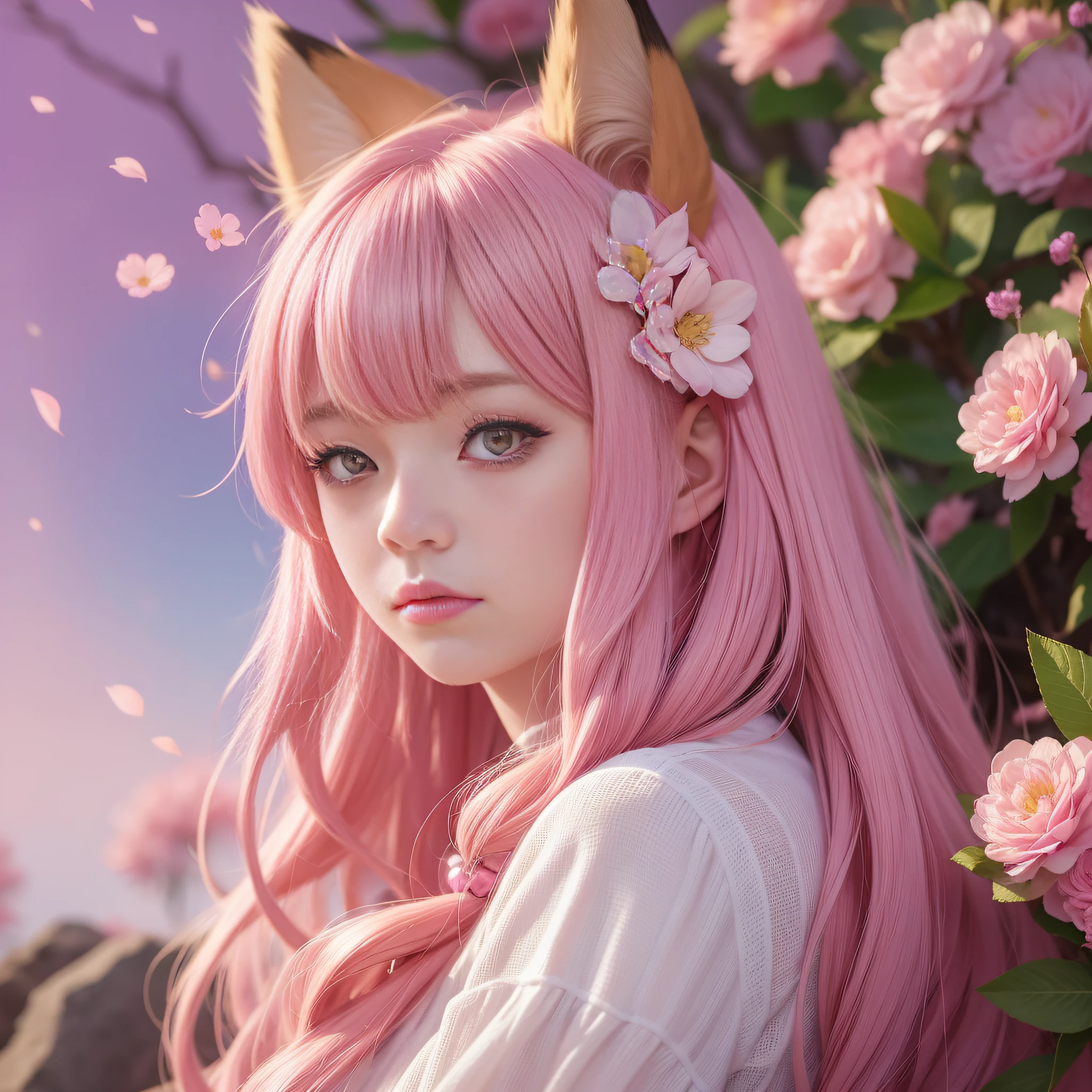 Anime girl with pink hair and pink dress with flowers on her hair, very beautiful anime fox girl, beautiful anime fox girl, beautiful fantasy anime, guweiz, anime girl with fox ears, beautiful anime girl, very pretty cute fox girl, pink flower rain, background blur, anime style 4 K, anime fantasy artwork, 4k anime wallpaper, guvez style artwork