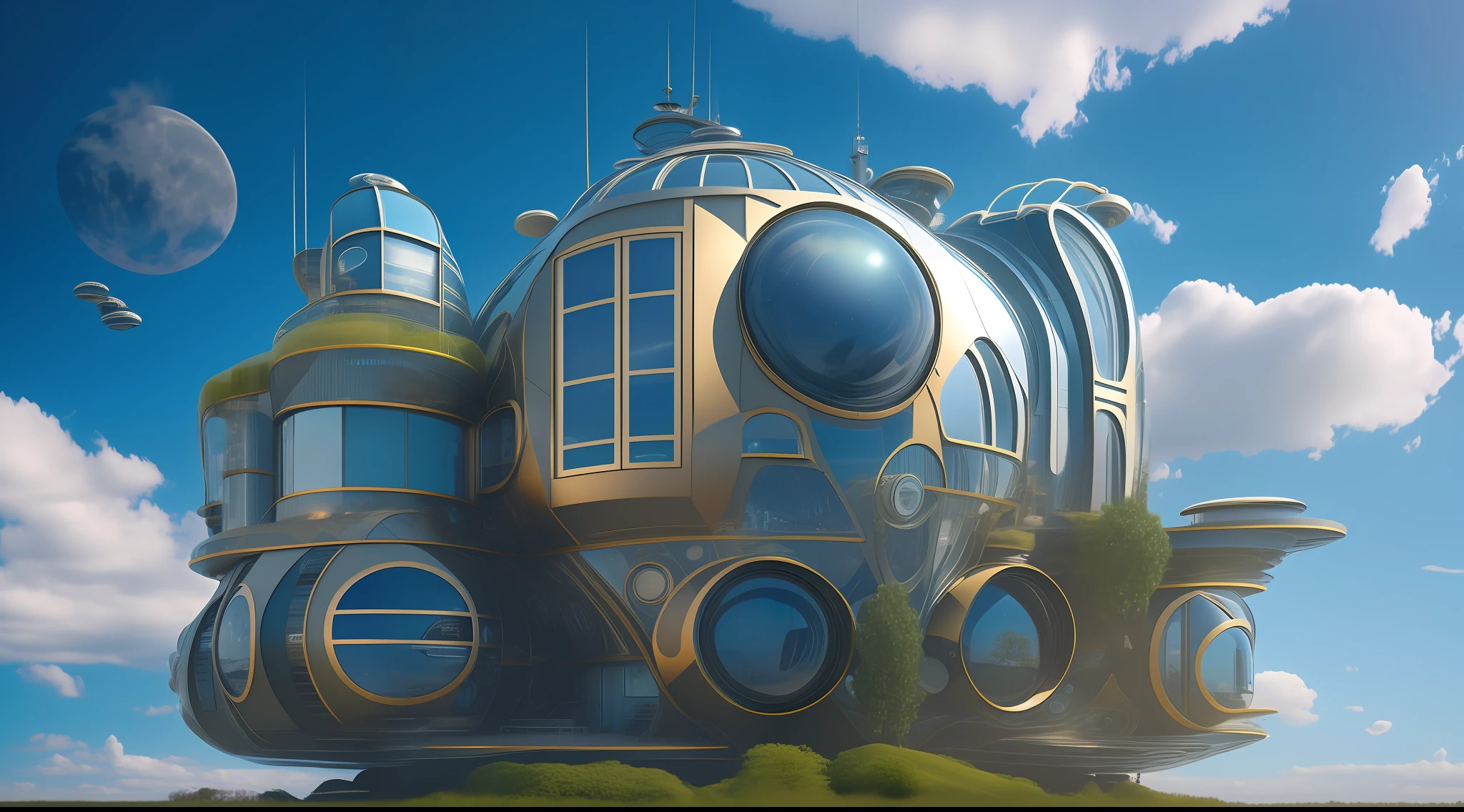 an extremely complex futuristic and advanced steampunk house, a flying vehicle in the garage, sci fi, lots of technology on the walls of the house, Airlock, decoration technology, (Siliconpunk:1) normal small houses next door, blue lawn, 2 sun in the sky, 2 moon in the sky, 200mm lens, high quality, high definition, uhd,