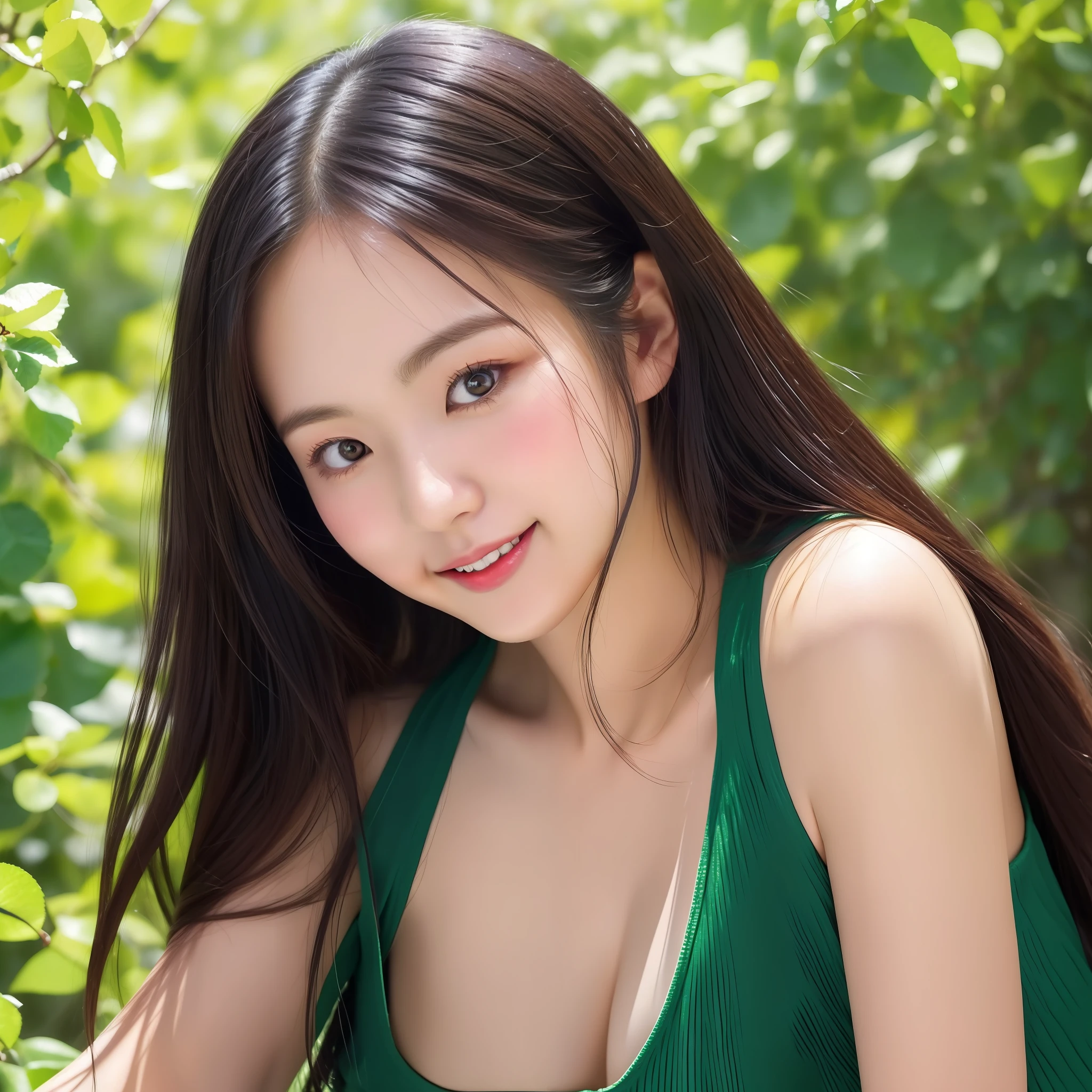 Beautiful Japan woman, nice perfect face with soft skin, small face with nose and rose-like lips, beautiful eyes, beautiful smile. Black, thin and long beautiful hair bathed in a bright etheric shine. Cowboy shot, navy short top with wide apple green pants, bright colorful background, photorealistic, masterpiece, top quality, super detail, HDR, 8K