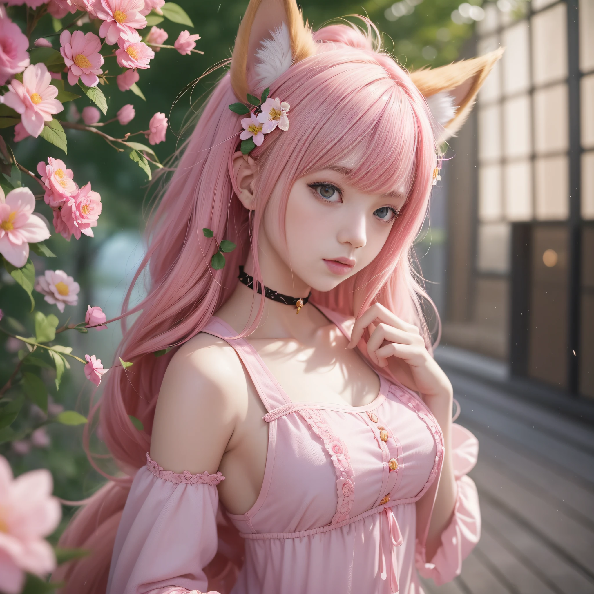 Anime girl with pink hair and pink dress with flowers on her hair, very beautiful anime fox girl, beautiful anime fox girl, beautiful fantasy anime, guweiz, anime girl with fox ears, beautiful anime girl, very pretty cute fox girl, pink flower rain, background blur, anime style 4 K, anime fantasy artwork, 4k anime wallpaper, guvez style artwork