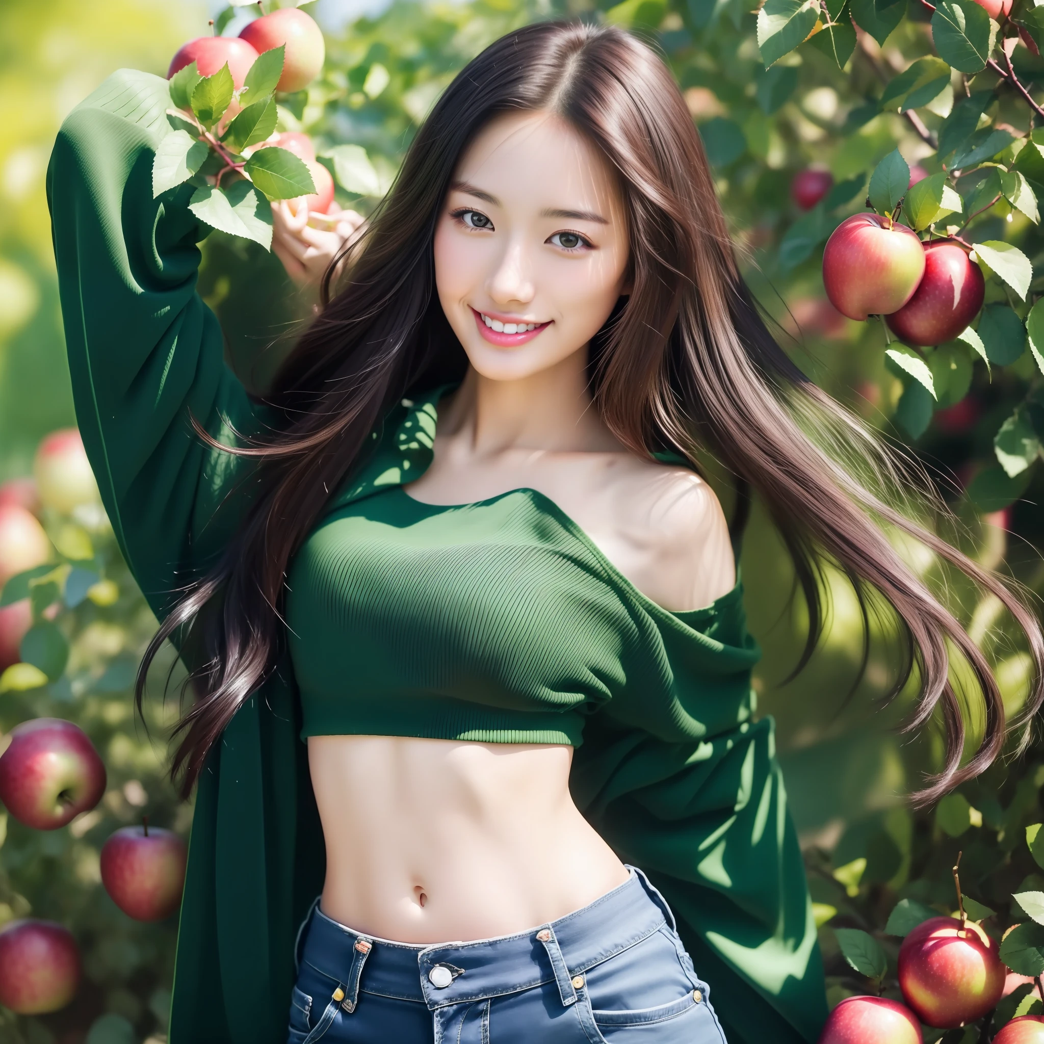 Beautiful Japan woman, nice perfect face with soft skin, small face with nose and rose-like lips, beautiful eyes, beautiful smile. Black, thin and long beautiful hair bathed in a bright etheric shine. Cowboy shot, navy short top with wide apple green pants, bright colorful background, photorealistic, masterpiece, top quality, super detail, HDR, 8K