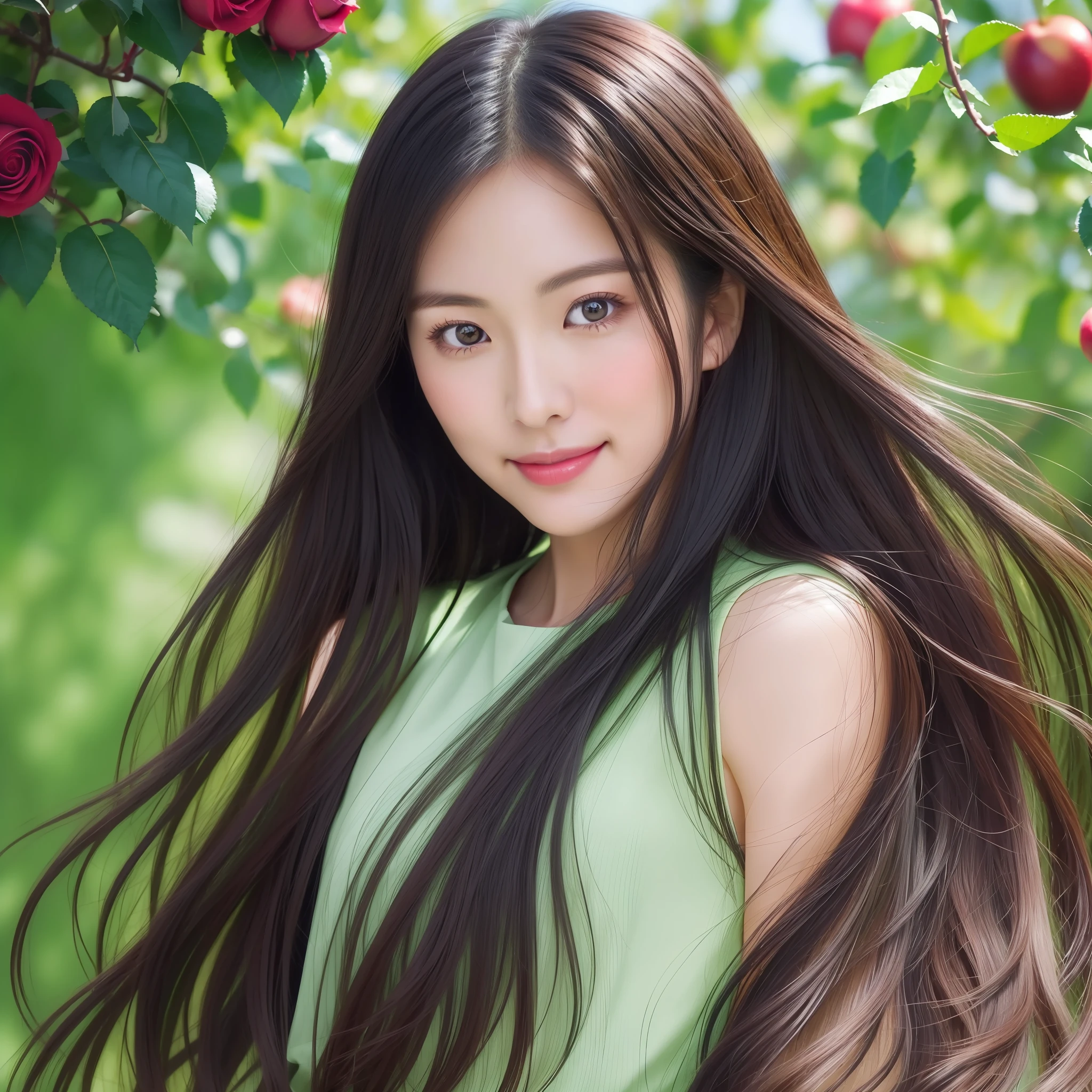 Beautiful Japan woman, nice perfect face with soft skin, small face with nose and rose-like lips, beautiful eyes, beautiful smile. Black, thin and long beautiful hair bathed in a bright etheric shine. Cowboy shot, navy short top with wide apple green pants, bright colorful background, photorealistic, masterpiece, top quality, super detail, HDR, 8K