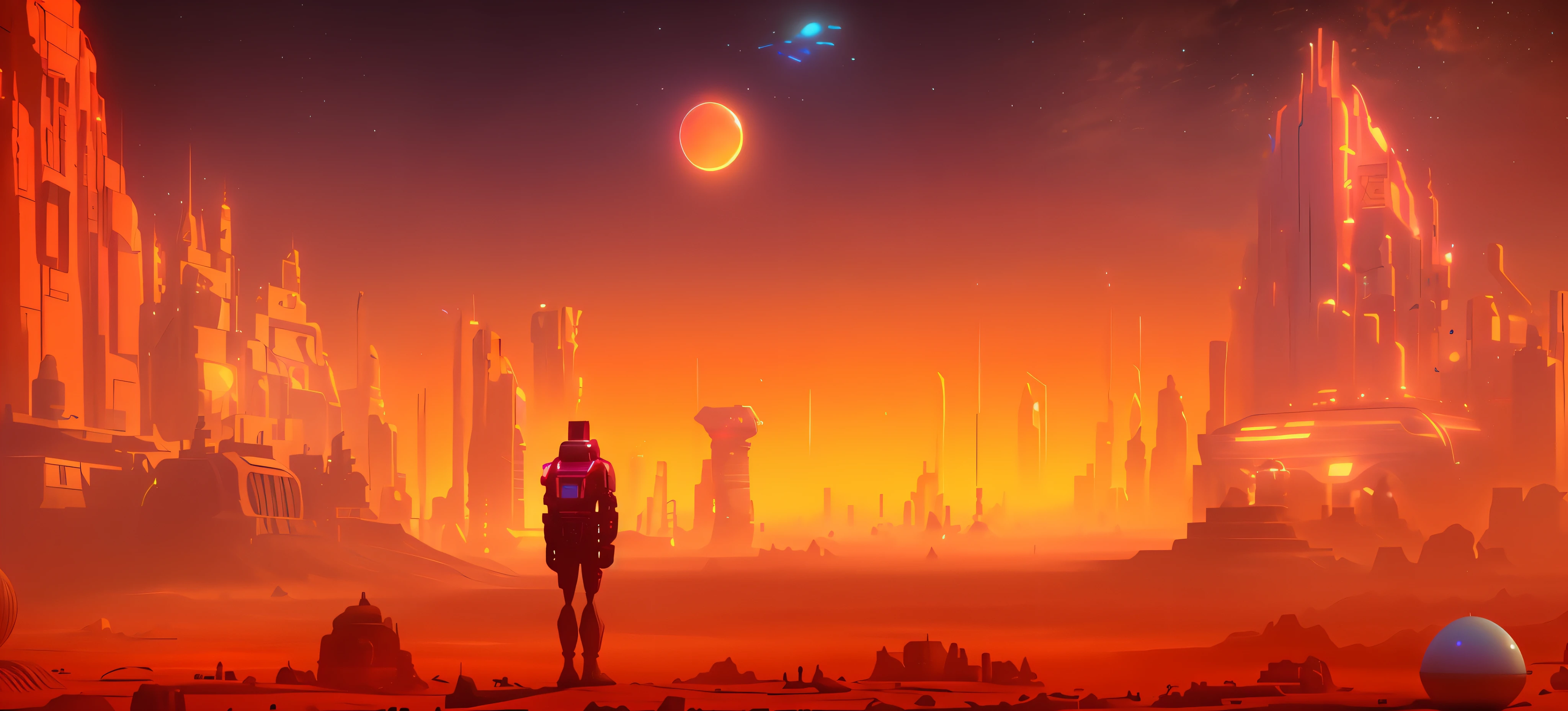 futuristic city in the desert with a man standing on a rock, artgem and beeple masterpiece, beeple and jean giraud, cinematic beeple, 3 d render beeple, greg beeple, martian city, sci-fi digital art, artem demura beeple, sci-fi digital painting, sci fi art